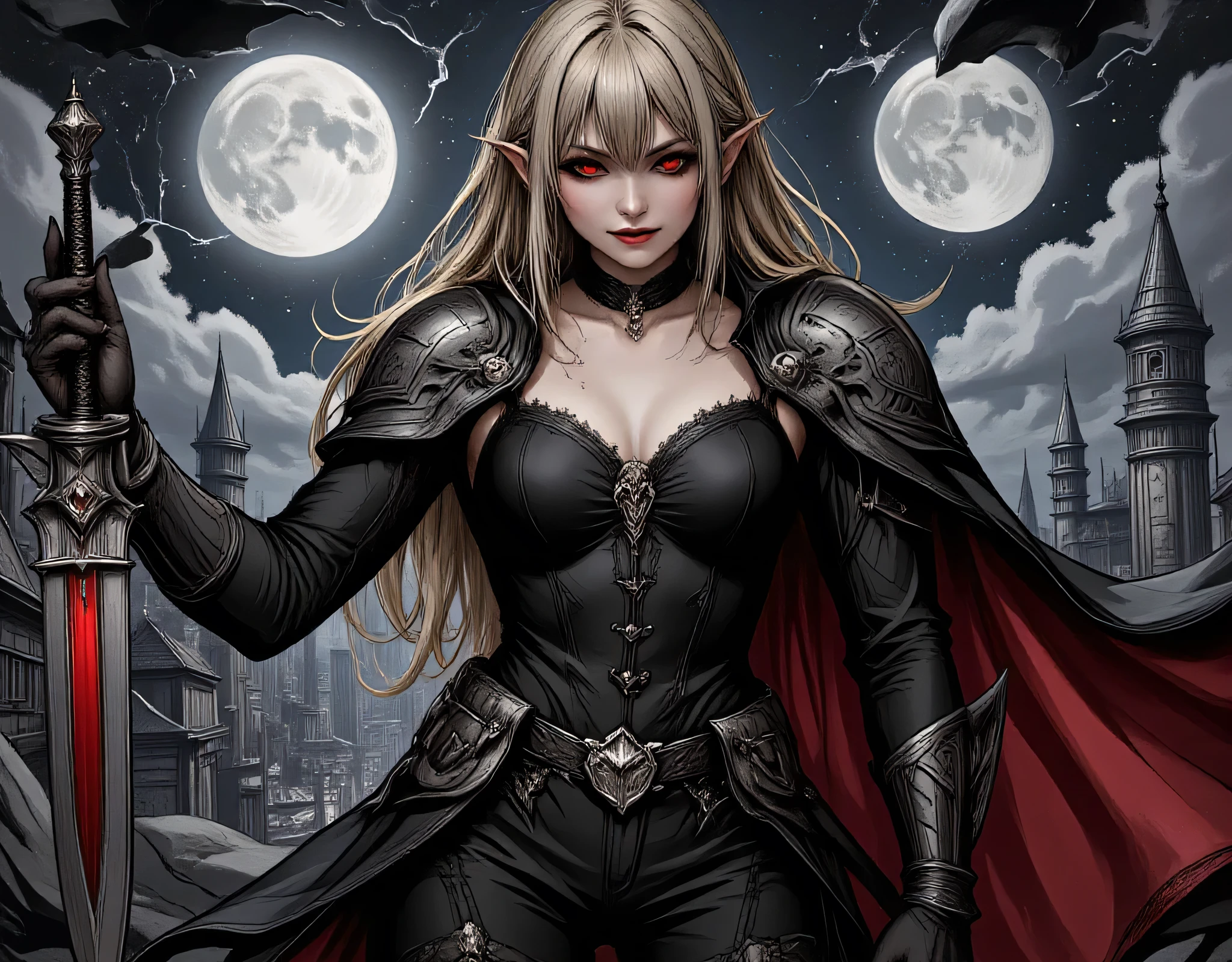 Arafed, dark fantasy art, gothic art, a picture of a vampire ready for battle, female vampire, armed with a sword, wearing heavy armor LnF, armed with a sword, shining sword, ultra detailed face (intricate detailed, Masterpiece, best quality: 1.4), pale skin, glowing eyes, red eyes, ultra feminine, pale skin, blond hair, dark fantasy urban street (intricate detailed, Masterpiece, best quality: 1.4), moon light, star light, clouds, hyp3rd3tail style, aidmaDarkGothicAnime