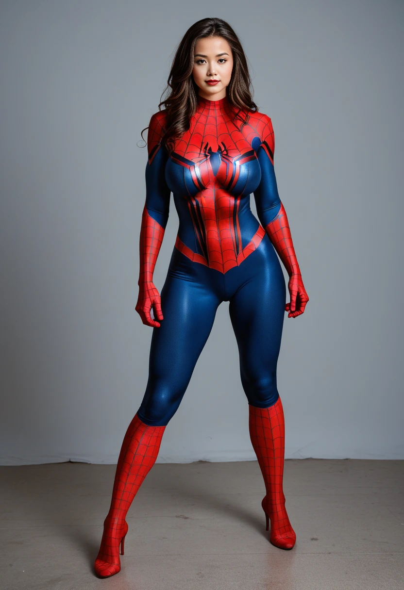Beautiful woman detailed defined body using spider-man cosplay, rostro al descubierto, maquillada, maquillaje, senos redondos, ((full body shoot)), full shoot, full body view.