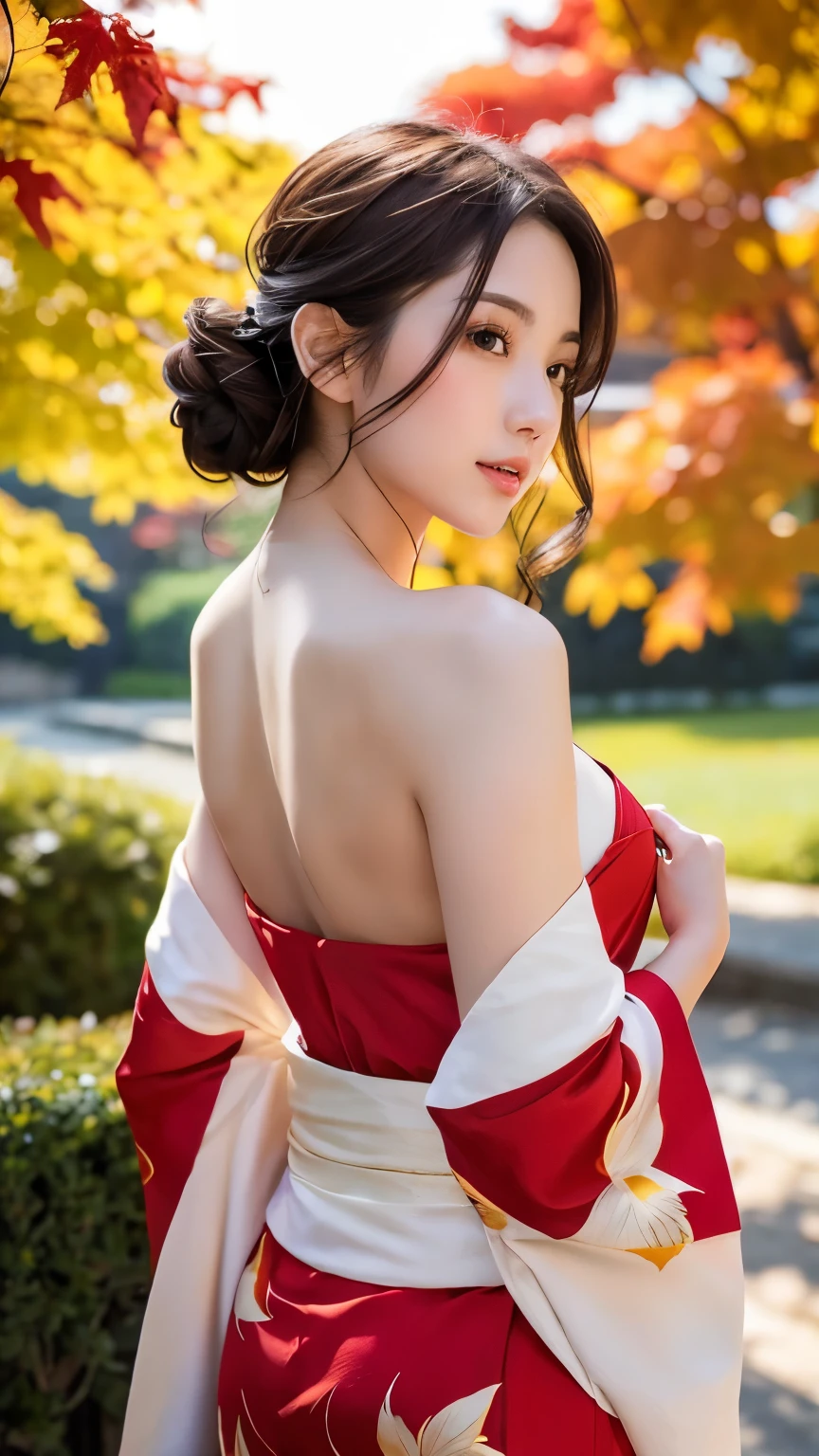 (masutepiece:1.3, Photorealsitic:1.4, 8K), top-quality, masterpiece, 超A high resolution, Perfect dynamic composition, Professional camera work, Highly detailed skin and facial texture:1.3, A detailed eye, Detailed limbs, autumnal, Autumn leaves landscape in the evening:1.2, 1girl in, Cute sexy 23 year old slim woman, Fair skin, Autumn leaves are dancing:1.2, (Enraptured look:0.9, Totally captivates you:1.0), (Red kimono:1.31 Only shoulders and back exposed Beautiful back), (Backshots, randome pose), (voluptuous breasts:0.9), (Beautiful blue eyes, Eyes that feel beautiful eros:0.85), Sexy face:0.4, (A mouthfeel that feels beautiful eros:0.85), ((Too cute beauty:0.9))