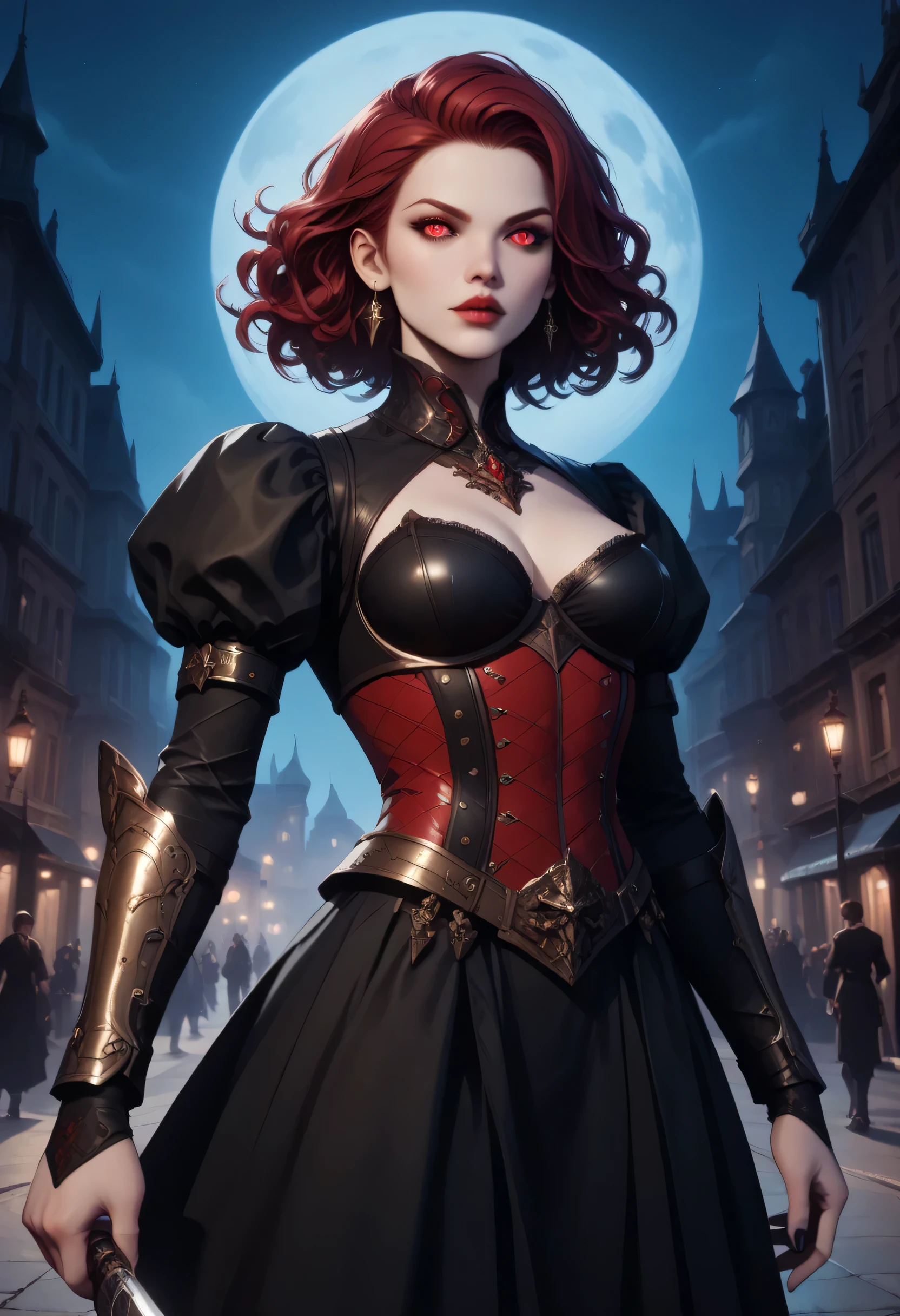 score_9, score_8_up, score_7_up,Arafed, dark fantasy art, gothic art, a picture of a vampire ready for battle, female vampire, armed with a sword, wearing heavy armor, armed with a sword, shining sword, ultra detailed face (intricate detailed, Masterpiece, best quality: 1.4), pale skin, glowing eyes, red eyes, ultra feminine, pale skin, dynamic hair, dark fantasy urban street (intricate detailed, Masterpiece, best quality: 1.4), night time, moon light, star light, clouds GlowingRunesAI_red, fantasy, commix style