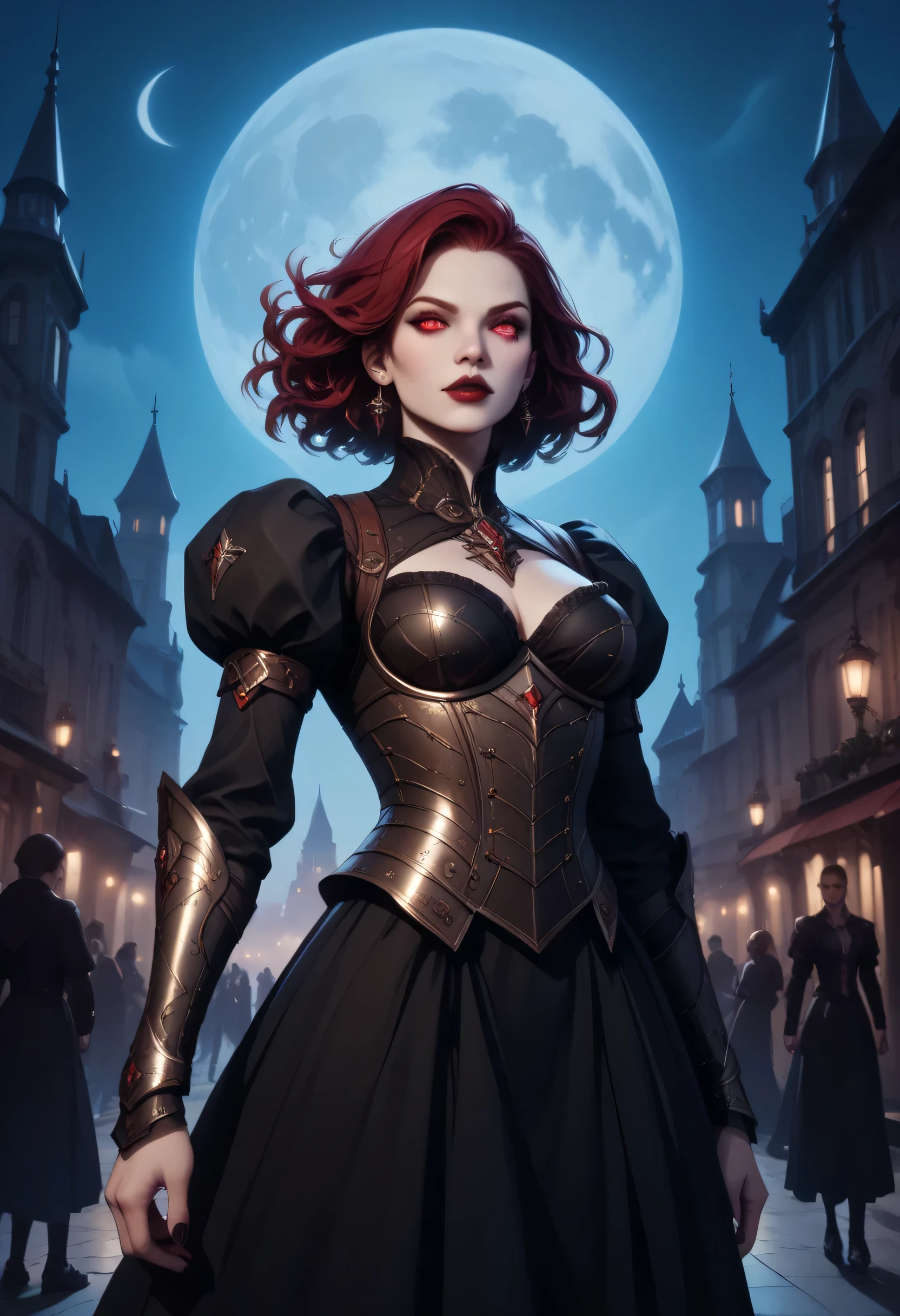 score_9, score_8_up, score_7_up,Arafed, dark fantasy art, gothic art, a picture of a vampire ready for battle, female vampire, armed with a sword, wearing heavy armor, armed with a sword, shining sword, ultra detailed face (intricate detailed, Masterpiece, best quality: 1.4), pale skin, glowing eyes, red eyes, ultra feminine, pale skin, dynamic hair, dark fantasy urban street (intricate detailed, Masterpiece, best quality: 1.4), night time, moon light, star light, clouds GlowingRunesAI_red, fantasy, commix style
