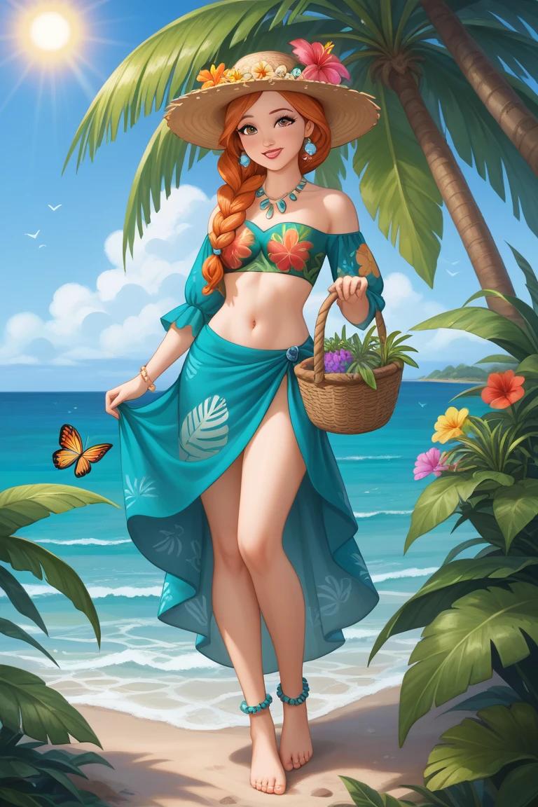 "(masterpiece, best quality) beautiful fire elemental with long red hair wearing a polka dot bikini, standing on a sunny beach, surrounded by vibrant colors."