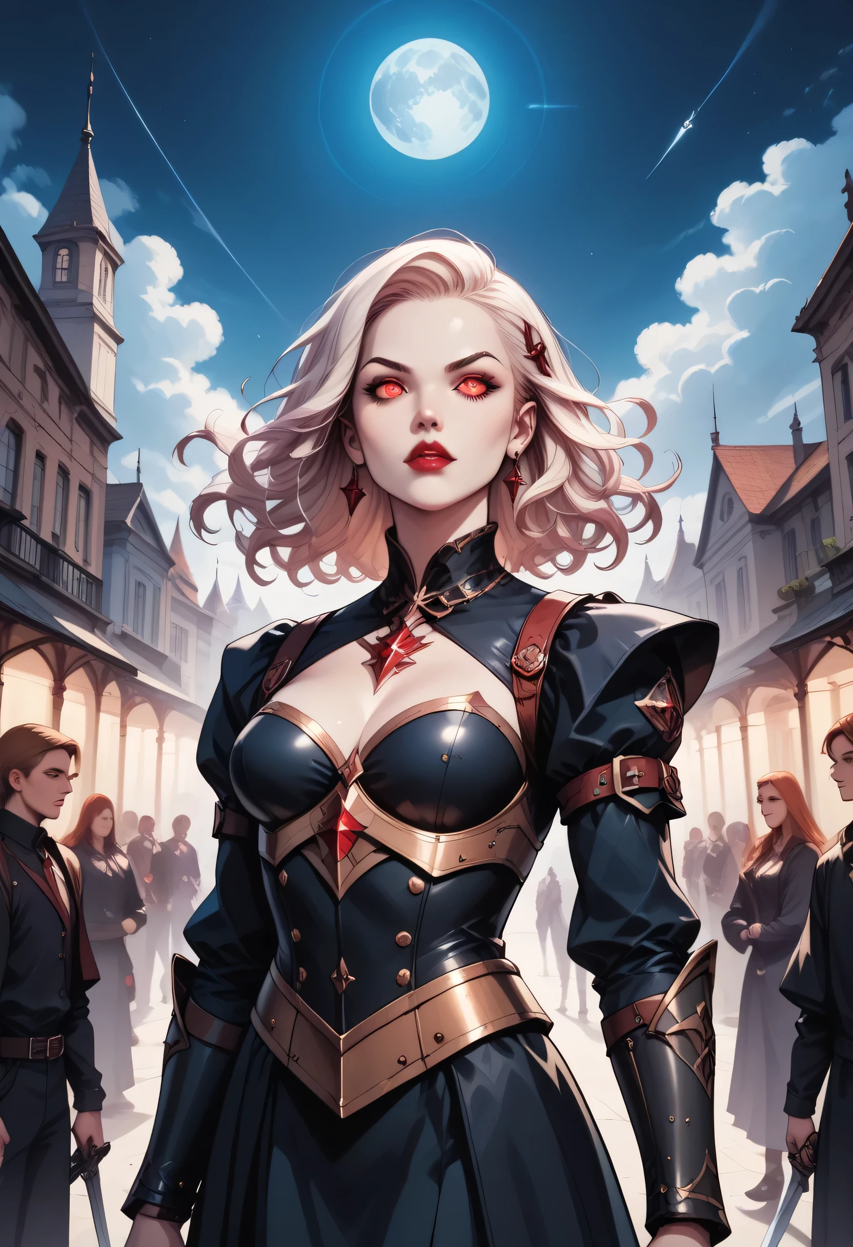 score_9, score_8_up, score_7_up,Arafed, dark fantasy art, gothic art, a picture of a vampire ready for battle, female vampire, armed with a sword, wearing heavy armor, armed with a sword, shining sword, ultra detailed face (intricate detailed, Masterpiece, best quality: 1.4), pale skin, glowing eyes, red eyes, ultra feminine, pale skin, blond hair, dark fantasy urban street (intricate detailed, Masterpiece, best quality: 1.4), night time, moon light, star light, clouds GlowingRunesAI_red, fantasy, commix style