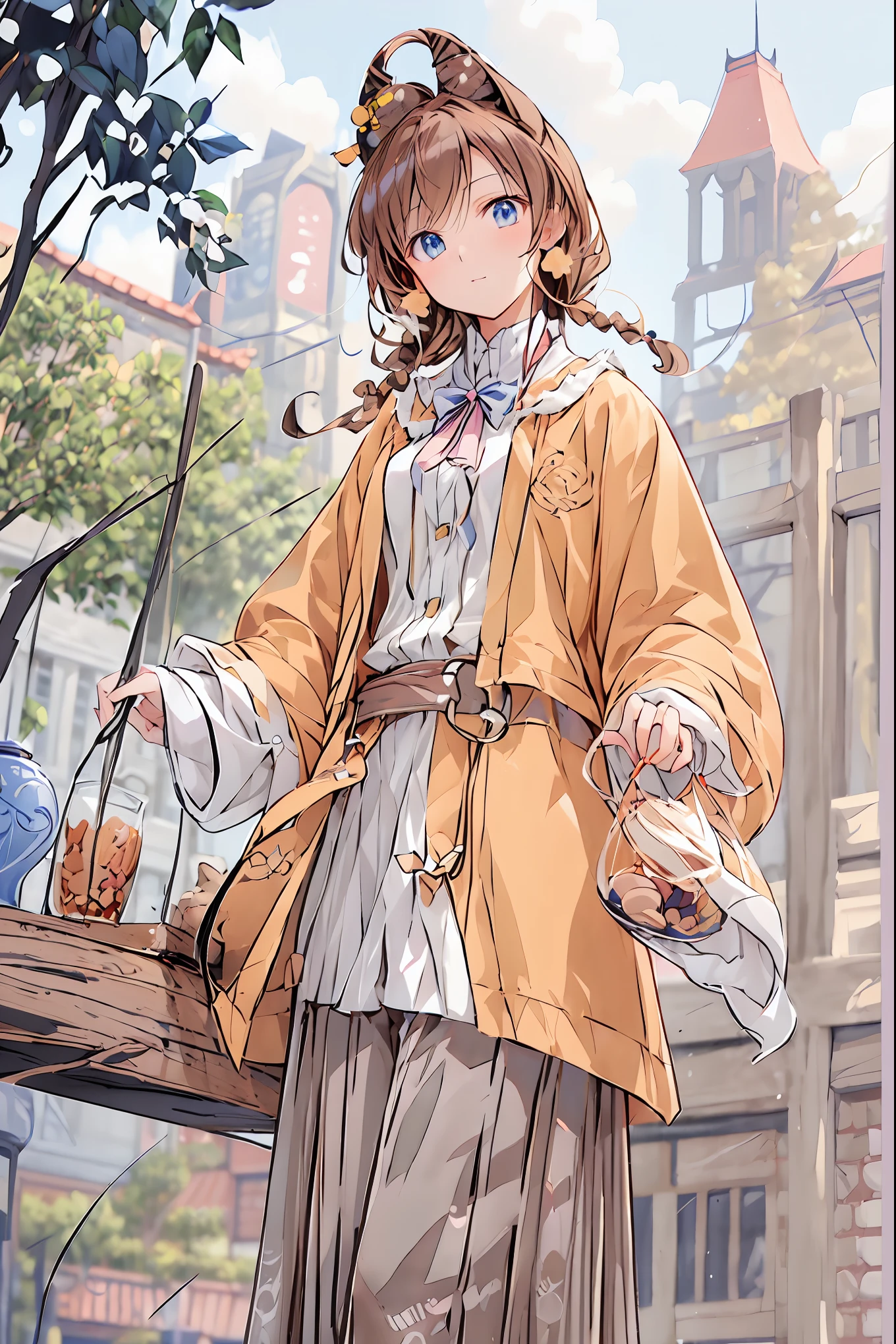 (( Masterpiece)), (Anime:1.5), (( highest quality)), ( RAW Photo :1.2), ( Hi-Res:1.3), ( Professional Photoshoot:1.2), ( Color Difference), one girl, (()), (Serious), ( beautiful brown eyes :1.3), viewers, Plain Shirt, O-ring, shoulder jacket , medium hair , ( put your hands in your pants ), ((Take off your work pants)), 明るい brown hair, ( small breasts), Cute waist, Outdoors, ((Top of the big bell tower)), brown hair, shortcuts, hair is disheveled, short braided hair, Neat , slender beauty ,Dignified posture, small breasts, beautiful legs, Her enchanting gray-blue eyes sparkle like stars., vibrant colors, beautiful eyes,A delicate smile, textured skin, highest qualityのものが最高, gentle and beautiful woman ,Anime風、