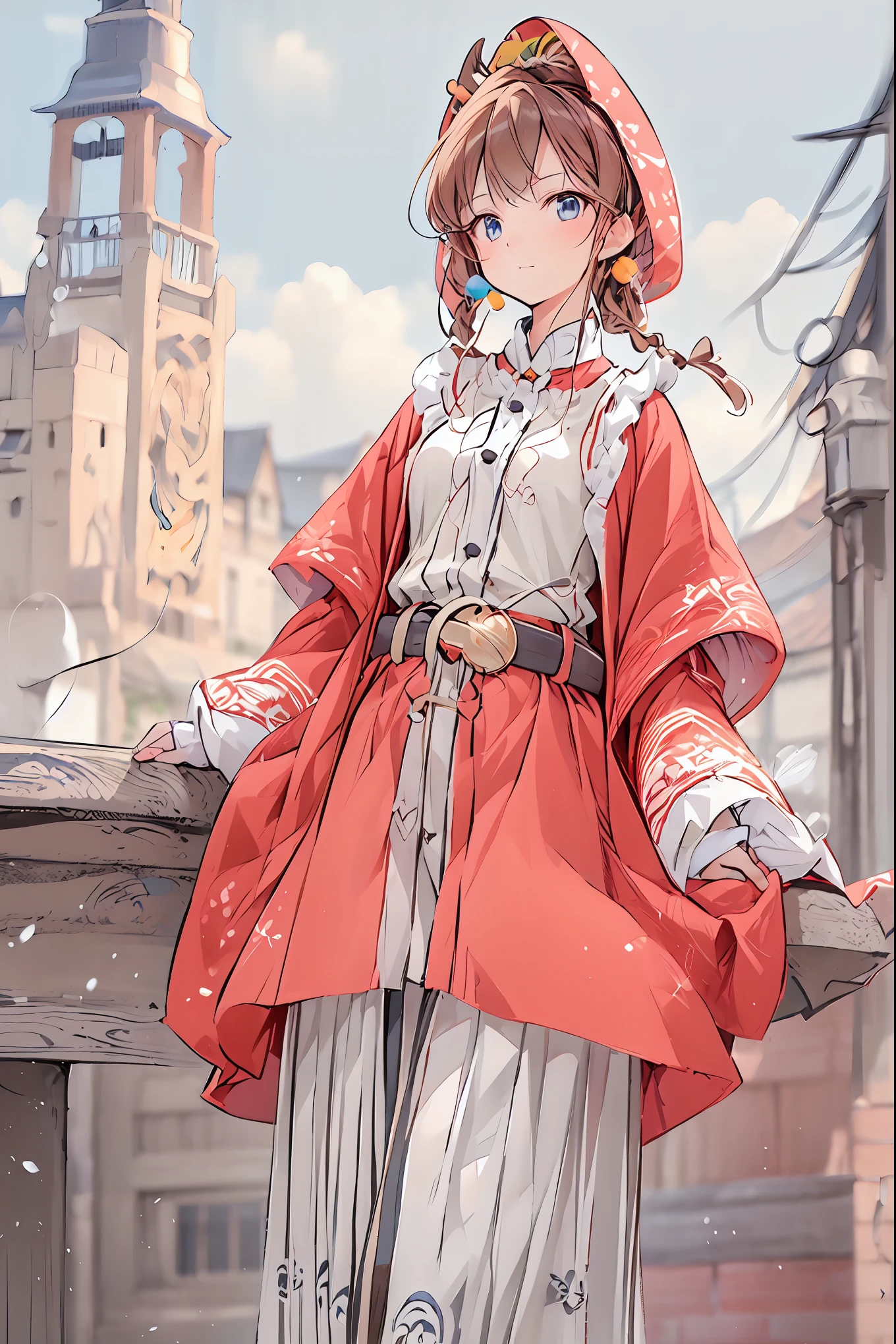 (( Masterpiece)), (Anime:1.5), (( highest quality)), ( RAW Photo :1.2), ( Hi-Res:1.3), ( Professional Photoshoot:1.2), ( Color Difference), one girl, (()), (Serious), ( beautiful brown eyes :1.3), viewers, Plain Shirt, O-ring, shoulder jacket , medium hair , ( put your hands in your pants ), ((Take off your work pants)), 明るい brown hair, ( small breasts), Cute waist, Outdoors, ((Top of the big bell tower)), brown hair, shortcuts, hair is disheveled, short braided hair, Neat , slender beauty ,Dignified posture, small breasts, beautiful legs, Her enchanting gray-blue eyes sparkle like stars., vibrant colors, beautiful eyes,A delicate smile, textured skin, highest qualityのものが最高, gentle and beautiful woman ,Anime風、