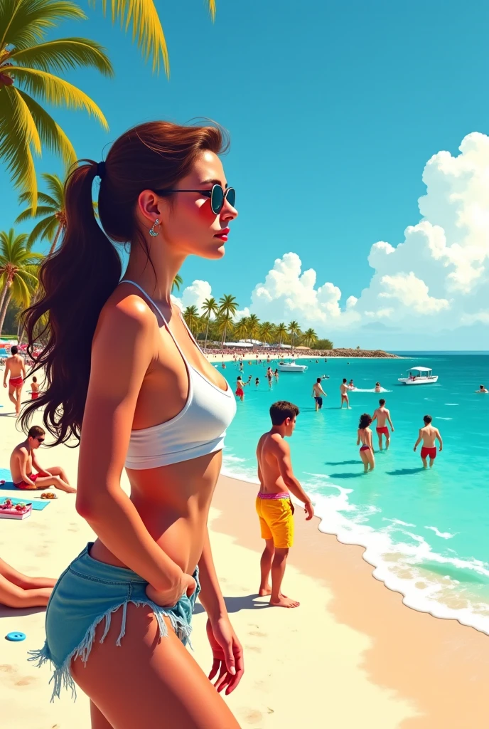 A vibrant female lifeguard standing tall and alert on the golden sands of a bustling beach. She is clad in a red and white striped one-piece swimsuit, her sun-kissed skin glowing against the vivid fabric. A wide-brimmed hat with a matching lifeguard emblem shades her eyes, which are focused intently on the horizon, scanning the cerulean waters for any signs of trouble. The lifeguard's posture is a picture of readiness, with one hand resting on the rescue buoy at her side and the other holding binoculars to her chest. Behind her, the beach stretches out, a canvas of families frolicking, children building sandcastles, and beachgoers basking in the warm embrace of the sun. Palm trees sway gently in the background, framing the scene with their lush greenery. The sky is a seamless blend of azure and white clouds, mirroring the ocean's waves that break rhythmically along the shoreline. Her rescue tower looms in the distance, a symbol of safety amidst the playful chaos. Her sunscreen-laden skin and the beads of sweat on her brow reveal the dedication to her duty, as the waves whisper their secrets and the scent of saltwater fills the air. The image captures the essence of a quintessential summer day, where the lifeguard's vigilance ensures that joy and tranquility coexist.