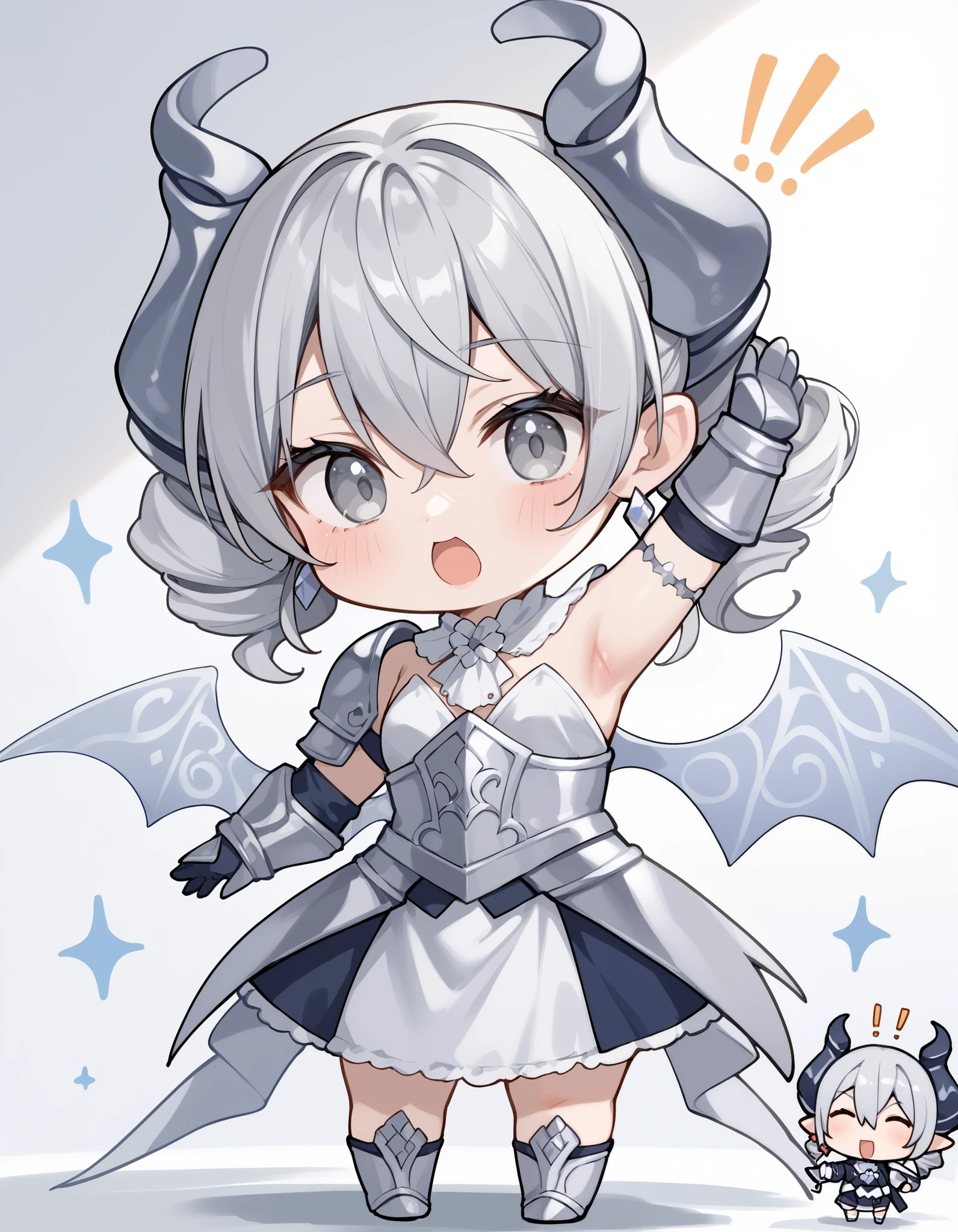 ( score_9:0.9), score_8_ up the side, score_7_ up the side,rating_safe,(zPDXL3),(zPDXL),
 Masterpiece, intricate details,Anime,4K, highest quality,Anime style,　

lovely labrynth of the silver castle, demon horns, drill hair, grey eyes, grey hair, hair between eyes, horns, medium hair, 
armor, demon Wings, earrings, gauntlets, jewelry, low Wings, Wings,

( chibi、whole body:1.5),

(Arm up、Surprised:1.3)、