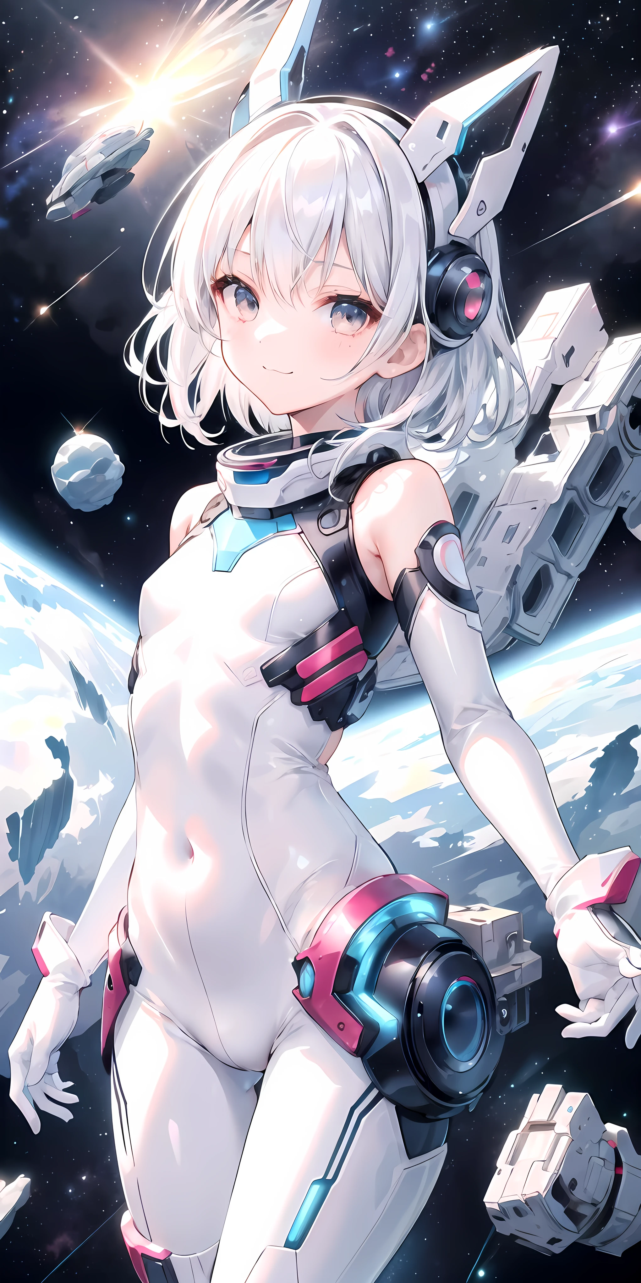 1girl, solo, medium hair, white hair, headgear, perfect face, white eyes, looking at viewer, cute, smile, :3, closed mouth, thin, flat chest, white latex bodysuit, white elbow gloves, space in background, cowboy shot, scifi, masterpiece, high resolution, best quality,