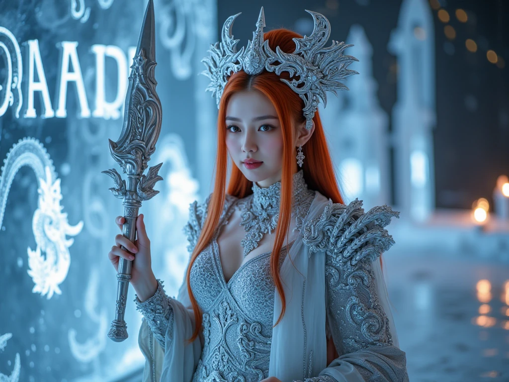 Portray Cate Blanchett as Seraphina, a regal and enigmatic sorceress with long, silver hair and piercing violet eyes. Dress her in an elaborate, dark blue robe with intricate silver embroidery, and equip her with a staff topped with a glowing crystal. Her presence should exude both wisdom and ancient power.