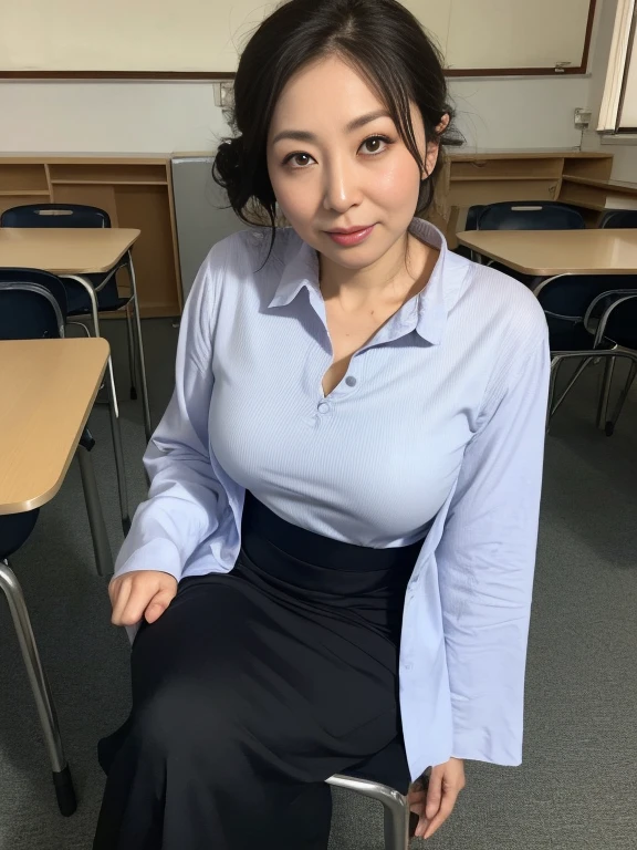 High resolution, High-level image quality, High definition, masterpiece, 8k, Anatomically correct, Professional Lighting, sharp,
((Japanese Mature, 50 years old, female teacher)), One person,, Shapely big breasts, Straight, fluffy, light brown hair that reaches the shoulders, Chubby body type, Mouth closed and serious face,
(((Next to a desk in a school classroom,Standing upright and looking at the viewer))),
(A light, light navy blue linen short-sleeved French-sleeved long dress for summer use.),
Beautiful shins, ((Composition from knees to head seen from waist height))