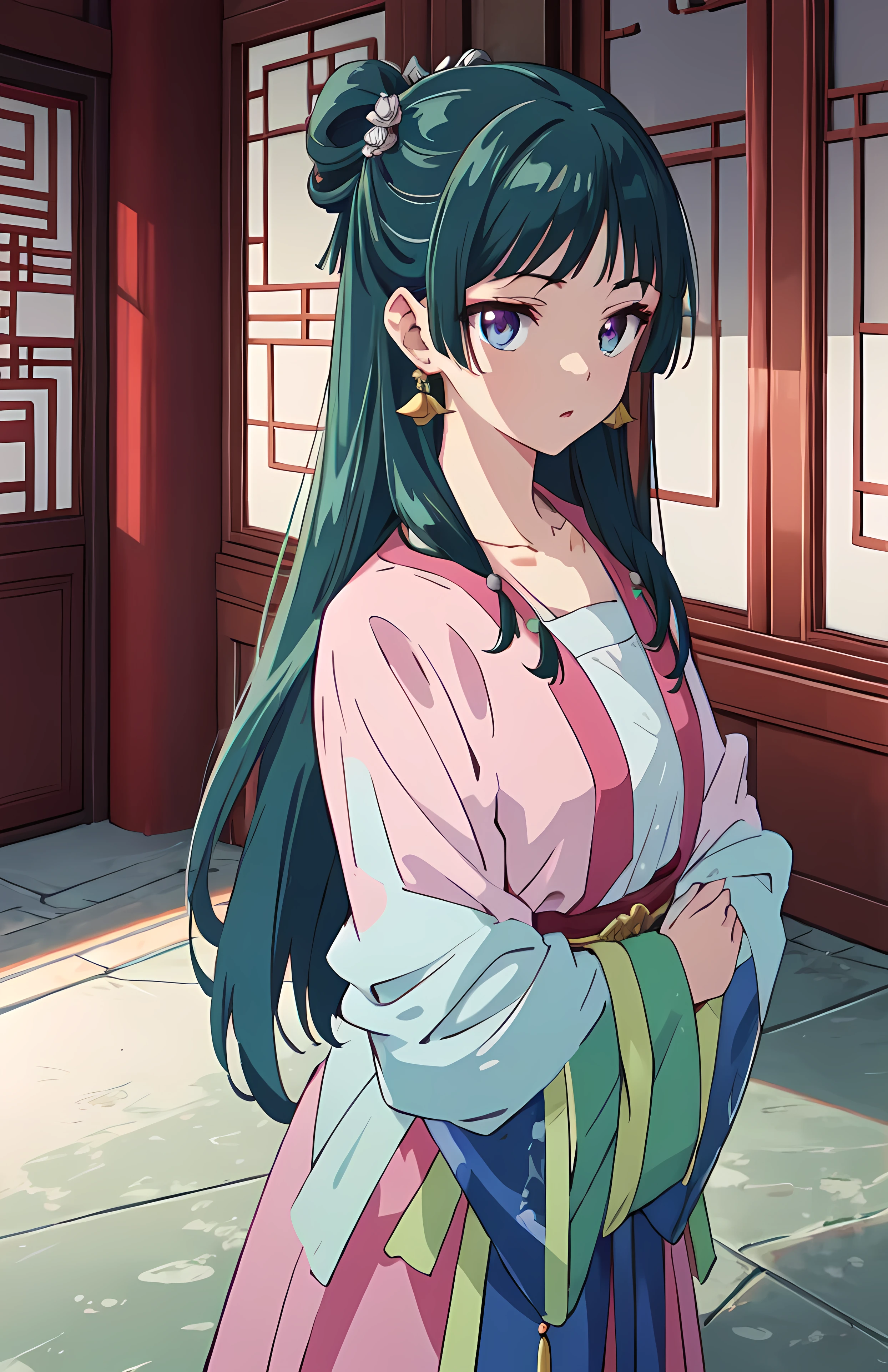 A stunning anime-style illustration of a young woman with a traditional Chinese-inspired outfit, resembling Maomao from The Apothecary Diaries. She has deep emerald green hair, styled into two symmetrical buns on either side of her head, adorned with golden hairpins and delicate ornamental loops. Loose strands frame her face, and her straight-cut bangs rest just above her expressive violet eyes, which are accentuated with a soft pinkish hue around the edges. Her pupils are detailed with a glimmering shine, giving her a sharp yet curious expression.
Her fair skin is illuminated with soft shading, subtly highlighting her delicate features. Her lips are slightly parted as if she is mid-sentence, conveying an inquisitive or slightly surprised demeanor. She wears elegant golden drop earrings with green gemstone accents that match the intricate floral necklace resting on her collarbone.
She is dressed in a flowing traditional hanfu, primarily in soft pastel pink, with green and cream-colored accents. The fabric is decorated with intricate floral embroidery and tied with a dark pink sash that has a large fabric rose at the center. The long, billowing sleeves have a contrasting pale blue inner lining, gracefully draping around her arms. The silk-like texture of the garment catches the light, creating subtle highlights and shadows.
The background portrays a classical Chinese palace setting with wooden pillars painted in deep red and gold details. The stone-paved courtyard beneath her has soft lighting that enhances the serene and historical atmosphere. The perspective is slightly tilted, adding depth to the composition, making it feel like she is engaged in a conversation or observing something off-screen. The lighting is soft and natural, suggesting an early morning or late afternoon ambiance.
The art style is a perfect blend of anime and semi-realism, with smooth linework, highly detailed rendering, and vibrant colors that remain harmonious. Every detail.