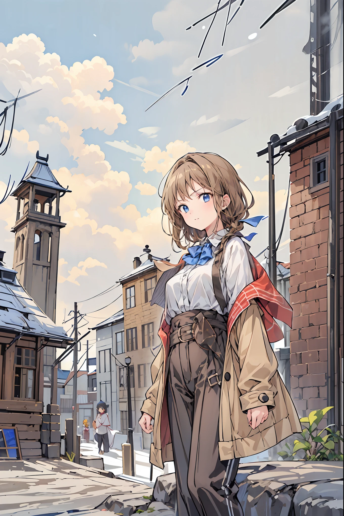 (( Masterpiece)), (Anime:1.5), (( highest quality)), ( RAW Photo :1.2), ( Hi-Res:1.3), ( Professional Photoshoot:1.2), ( Color Difference), one girl, (()), (Serious), ( beautiful brown eyes :1.3), viewers, Plain Shirt, O-ring, shoulder jacket , medium hair , ( put your hands in your pants ), ((Take off your work pants)), 明るい brown hair, ( small breasts), Cute waist, Outdoors, ((Top of the big bell tower)), brown hair, shortcuts, hair is disheveled, short braided hair, Neat , slender beauty ,Dignified posture, small breasts, beautiful legs, Her enchanting gray-blue eyes sparkle like stars., vibrant colors, beautiful eyes,A delicate smile, textured skin, highest qualityのものが最高, gentle and beautiful woman ,Anime風、