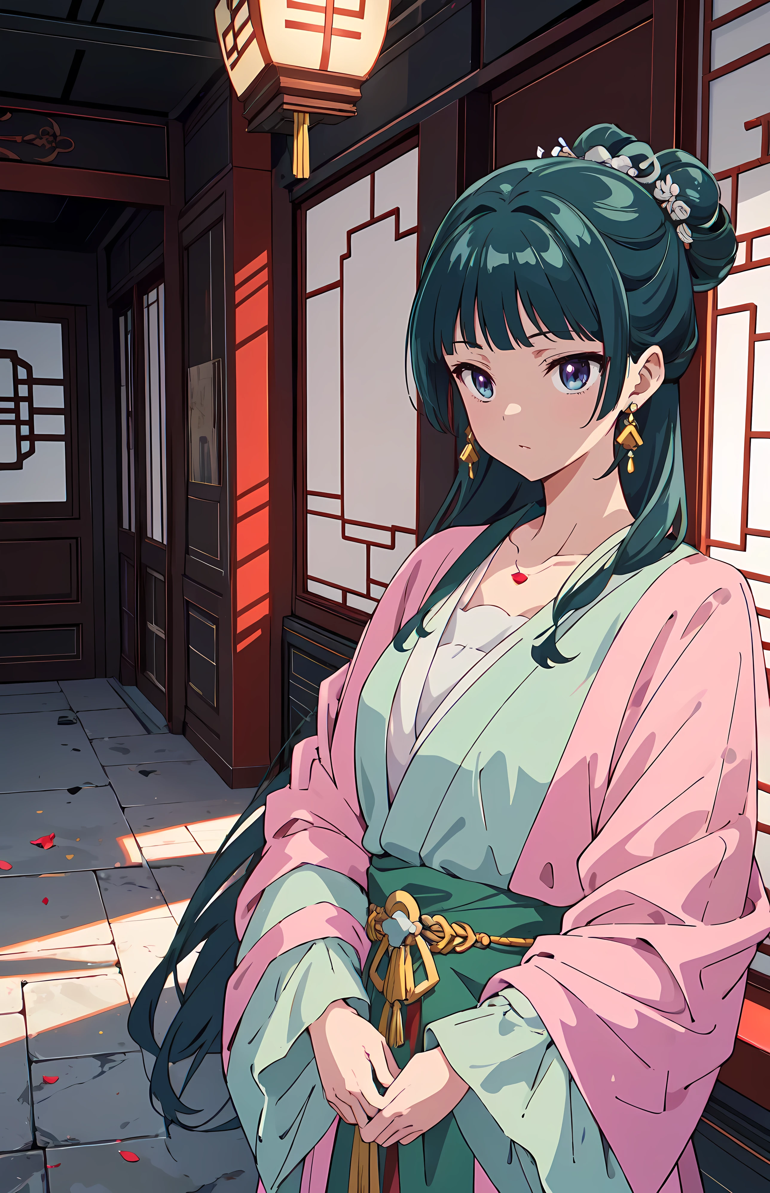 A stunning anime-style illustration of a young woman with a traditional Chinese-inspired outfit, resembling Maomao from The Apothecary Diaries. She has deep emerald green hair, styled into two symmetrical buns on either side of her head, adorned with golden hairpins and delicate ornamental loops. Loose strands frame her face, and her straight-cut bangs rest just above her expressive violet eyes, which are accentuated with a soft pinkish hue around the edges. Her pupils are detailed with a glimmering shine, giving her a sharp yet curious expression.
Her fair skin is illuminated with soft shading, subtly highlighting her delicate features. Her lips are slightly parted as if she is mid-sentence, conveying an inquisitive or slightly surprised demeanor. She wears elegant golden drop earrings with green gemstone accents that match the intricate floral necklace resting on her collarbone.
She is dressed in a flowing traditional hanfu, primarily in soft pastel pink, with green and cream-colored accents. The fabric is decorated with intricate floral embroidery and tied with a dark pink sash that has a large fabric rose at the center. The long, billowing sleeves have a contrasting pale blue inner lining, gracefully draping around her arms. The silk-like texture of the garment catches the light, creating subtle highlights and shadows.
The background portrays a classical Chinese palace setting with wooden pillars painted in deep red and gold details. The stone-paved courtyard beneath her has soft lighting that enhances the serene and historical atmosphere. The perspective is slightly tilted, adding depth to the composition, making it feel like she is engaged in a conversation or observing something off-screen. The lighting is soft and natural, suggesting an early morning or late afternoon ambiance.
The art style is a perfect blend of anime and semi-realism, with smooth linework, highly detailed rendering, and vibrant colors that remain harmonious. Every detail, from the deli