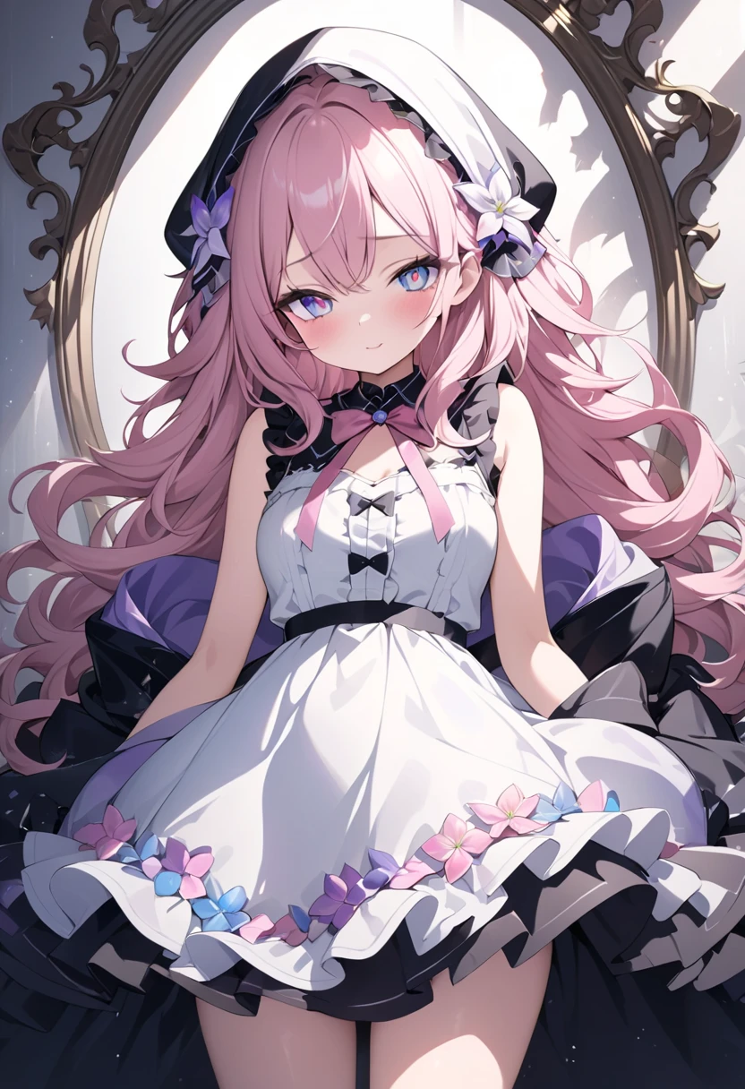 Highest quality, masterpiece, Highest Resolution, romantic,woman, ((10 years old)),The girl is a princess,((Dark pink satin fabric)),Dark pink victorian dress, ((Gorgeous princess rococo ball gown dress with voluminous full-length hoop skirt)),Long sleeve,Long dress,A dress with lots of ruffles and ribbons...,luxury,((Palace Bedroom)),((Huge Victorian canopy bed)), (Large ruffled silk pink curtains),Long Hair,Princess、Sitting on the floor、The Fouquet skirt opens wide、As beautiful as a flower in full bloom。