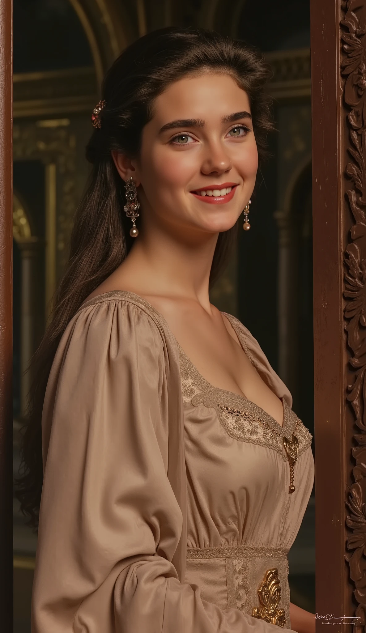 Young Jennifer Connelly , Early Middle Ages (800 n .e.): Medieval noble-girl in a long silk dress , soft smile , showing cleavage , upper body Portrait, inside Gothic castle, beautiful lighting