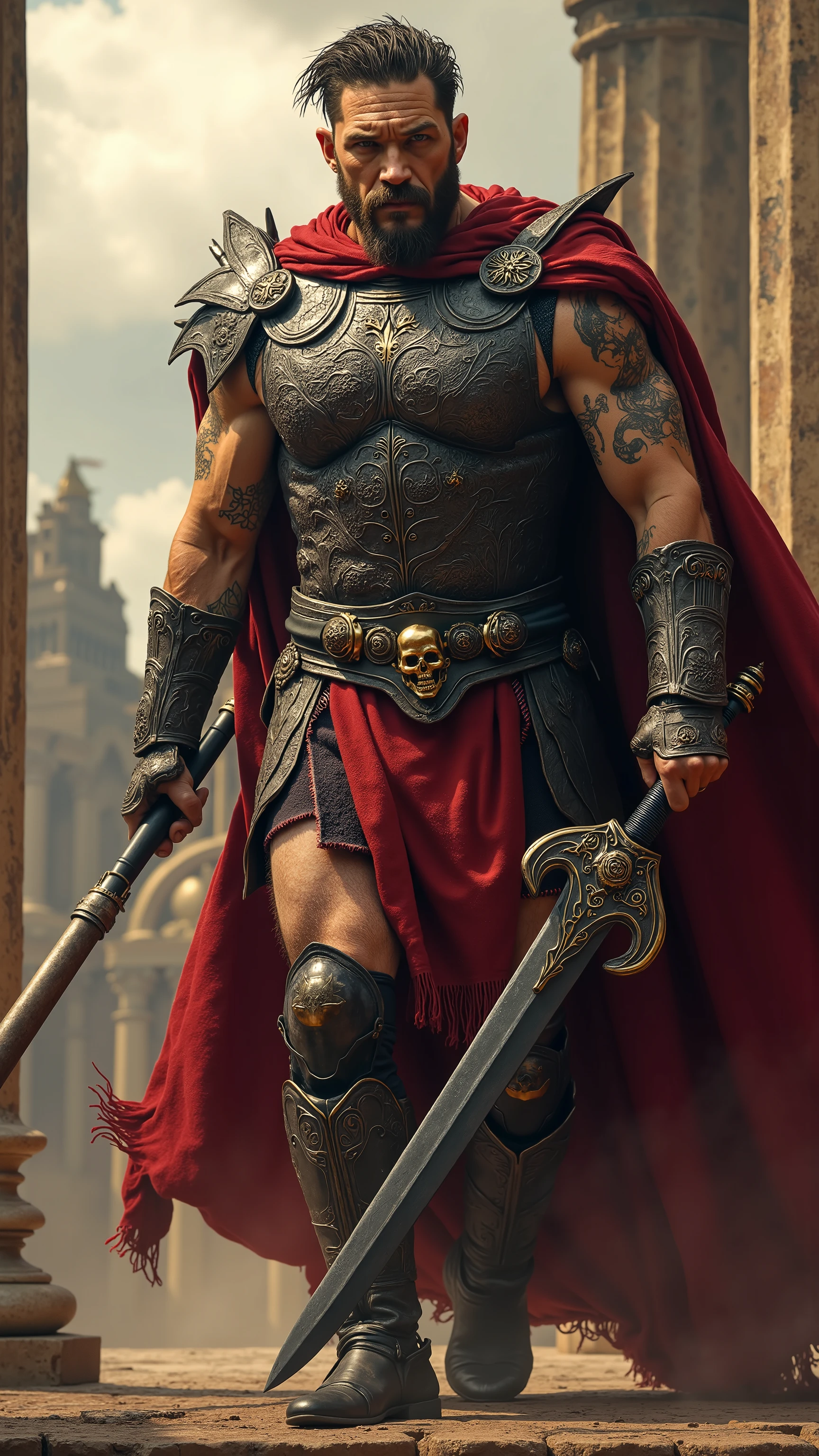 Tom Hardy reimagined as a majestic Greek god Ares walking and holding a sword、dramatic atmosphere, 1 male、
A towering, battle-hardened figure with a powerful, muscular build, exuding raw aggression and indomitable strength. Short, dark hair is tousled from war, framing a strong, scarred jawline. His piercing, battle-worn eyes blaze with an unrelenting fire, filled with the thirst for conquest. His expression is fierce, his presence commanding—an unstoppable force on the battlefield.
A blood-red, high-collared tunic, torn and battle-scarred, clings to his form beneath a brutalist breastplate of blackened iron and deep crimson, engraved with battle scars and ancient war sigils. Massive, jagged pauldrons curve like spiked shields over his shoulders, while thick gauntlets and greaves, marked with the symbols of endless war, reinforce his unyielding frame. A heavy crimson cloak, frayed at the edges yet regal, drapes behind him, fastened with a skull-adorned golden brooch. In his grip, a massive double-edged sword, its blade darkened with age and legend, hums with the echoes of past battles, ready to strike down enemies with godlike fury.
, shows his male character's full figure, athletic body, perfect face, full body, extremely beautiful, god, male shape, perfect anatomy, The background showcases the majestic architecture of Mount Olympus, with grand marble arches, towering golden spires, and ethereal clouds, photorealistic, masterpiece, realistic, high contrast, 8k, HD, high definition detailed, detailed, hyper detailed, realistic skin texture, best quality, ultra high resolution, hyper realistic, no text, very detailed eyes, dramatic lighting