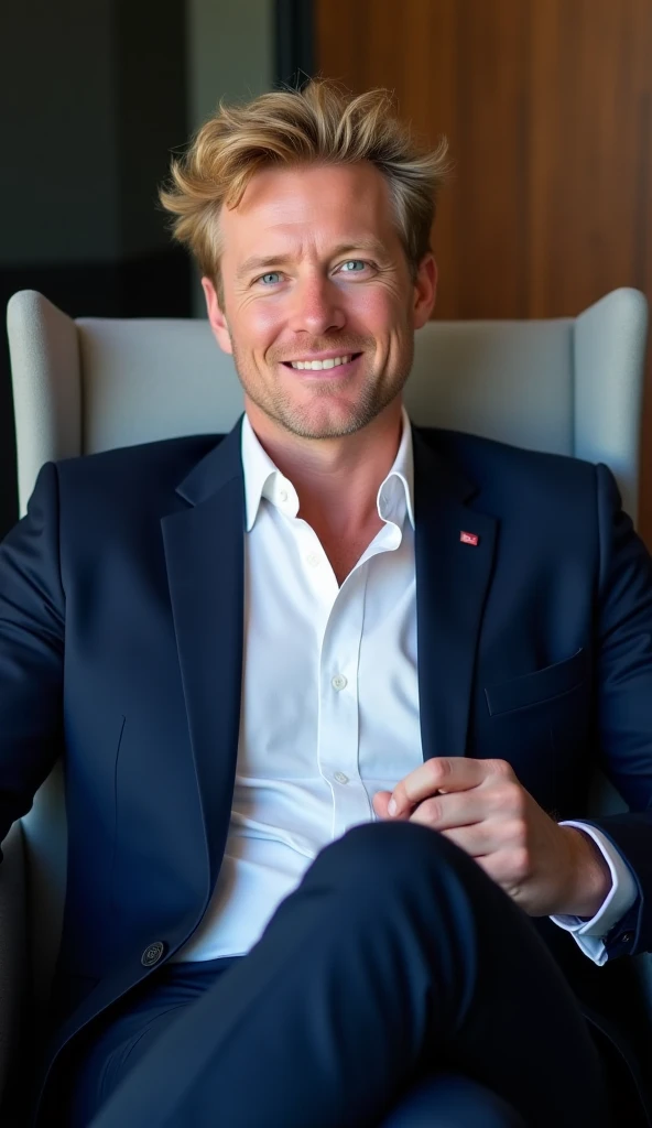 A charming and intelligent man , similar to Patrick Jane from the series The Mentalist . He has wavy blond hair , casually styled , and penetrating blue eyes that convey trust and mystery . His face is lightly shaved , with a subtle and expressive smile . He wears a well-fitting navy blue suit , no tie, with the white shirt slightly open in the collar , giving an air of sophisticated relaxation .
He is sitting comfortably in a modern chair , slightly reclined , with one leg crossed over the other . Your hands are gesturing softly as he speaks , conveying charisma and persuasion . He looks directly at the camera in front of him , as if you were talking to an online audience , demonstrating trust and involvement .
The background is subtle and professional , like an elegant studio with soft lighting , tones highlighting your face and expression . The scene conveys the feeling of a charismatic expert sharing secrets and insightful analysis with his audience.