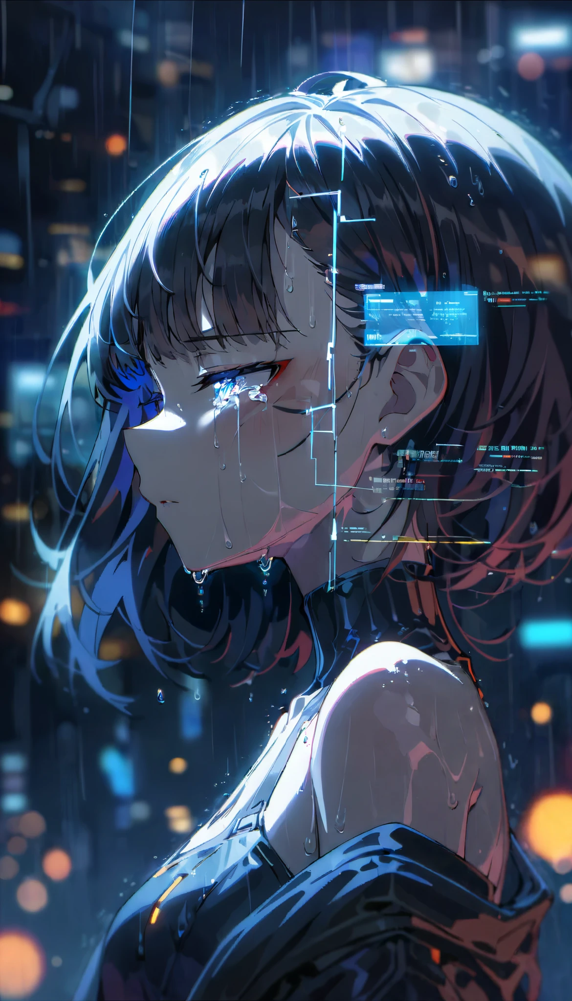 1 girl, Alone, bare shoulders, wet, body portrait, Profil, half-closed eyes , tears, glowing neon , gleaming, Spark, lightning, cyberpunk, hlpr, futuristic, hologram, Disturbance , error message , holographic face , ui, interface , nodes, particles, Neonbesatz, Surreal, night, City, City lights, neon lights, depth of field , rain, masterpiece, best quality , very aesthetic , Absurd,