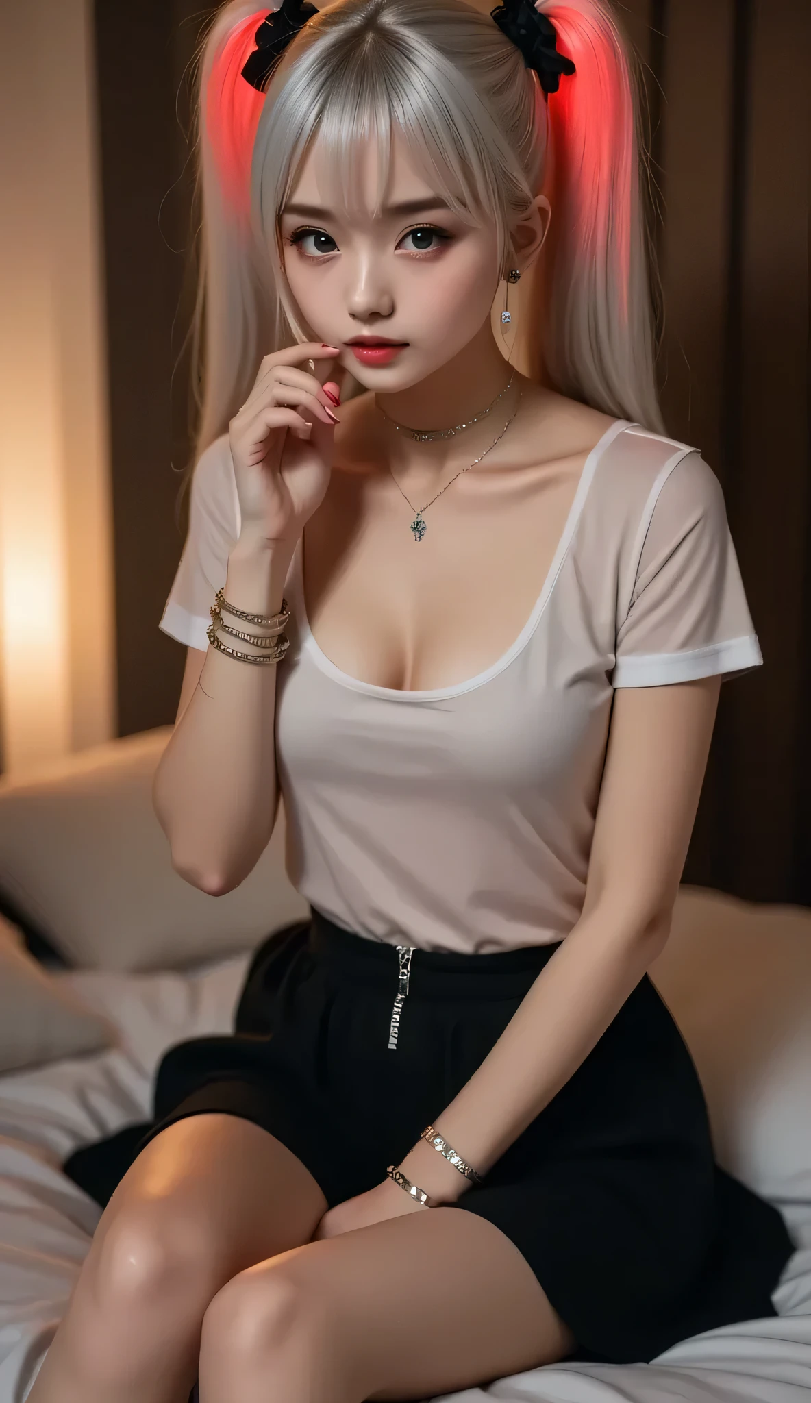 A girl with red glowing pigtails skirt erotic transparent T-shirt The girl is on the bed in a lying erotic position