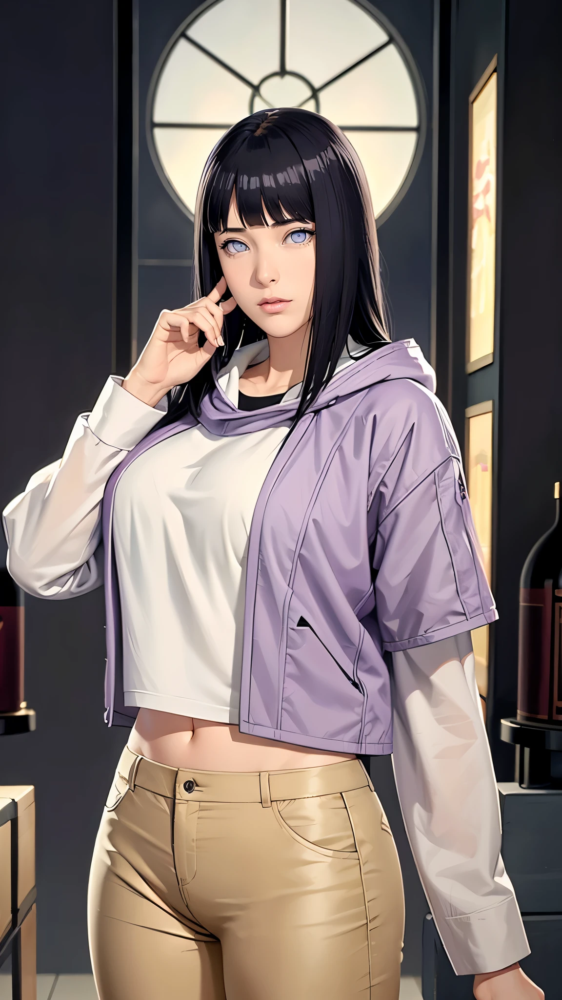 (((perfect figure,figure,purple hoodie,brown pants, (((The hyuugahin ,The hyuugahin ,Hinata\(boruto\),The hyuugahin , "black long hair", blue eyes,blunt bangs))),S-shaped figure:1.7))),((masterpiece)),high resolution, ((Best quality at best)),masterpiece,quality,Best quality,((( Exquisite facial features,looking at the audience,There is light in the eyes,blush,Happy))),(((Interlacing of light and shadow,huge ))),(((looking into camera,)))