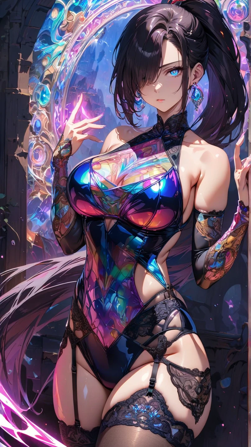 ((masterpiece)), ((highest quality)), dark cave background ,Ultra High Resolution,(Ultra High Detail),1girl,Sexy,Erotic,Beautiful Face,(Detailed and Perfect Face),(Detailed Hair),Long Curly Brown Hair,Fringe,(Symmetrical Eyes:1.3),(Detailed Skin),Realistic Skin,(Medium Bust, Shapely Breasts),(Slim Figure),Shapely Shaped Butt,Detailed Crotch,Sexy Thighs,(Small Head, Round Face, Pretty Face,),(Supermodel Figure),Gentle Smile:1.1,(Intricately Patterned Damask Black Light Painted Bodysuit:1.3),(Cowboy Shot),(In a Dark Room:1.5),(Cyberpunk Black Light Painted Background:1.3),(Random Pose),Change Pose,(Dynamic Angles),(Soft Light),(Ambient Lighting,),Neon,LED,Colorful,Glowing Eyes,Very Beautiful,(Artistic Glowing Smoke Blending with Hair:1.5),