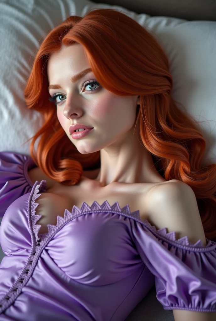 woman with red hair, light brown eyes, detailed skin, white skin color, with lilac clothes, very sensual in bed