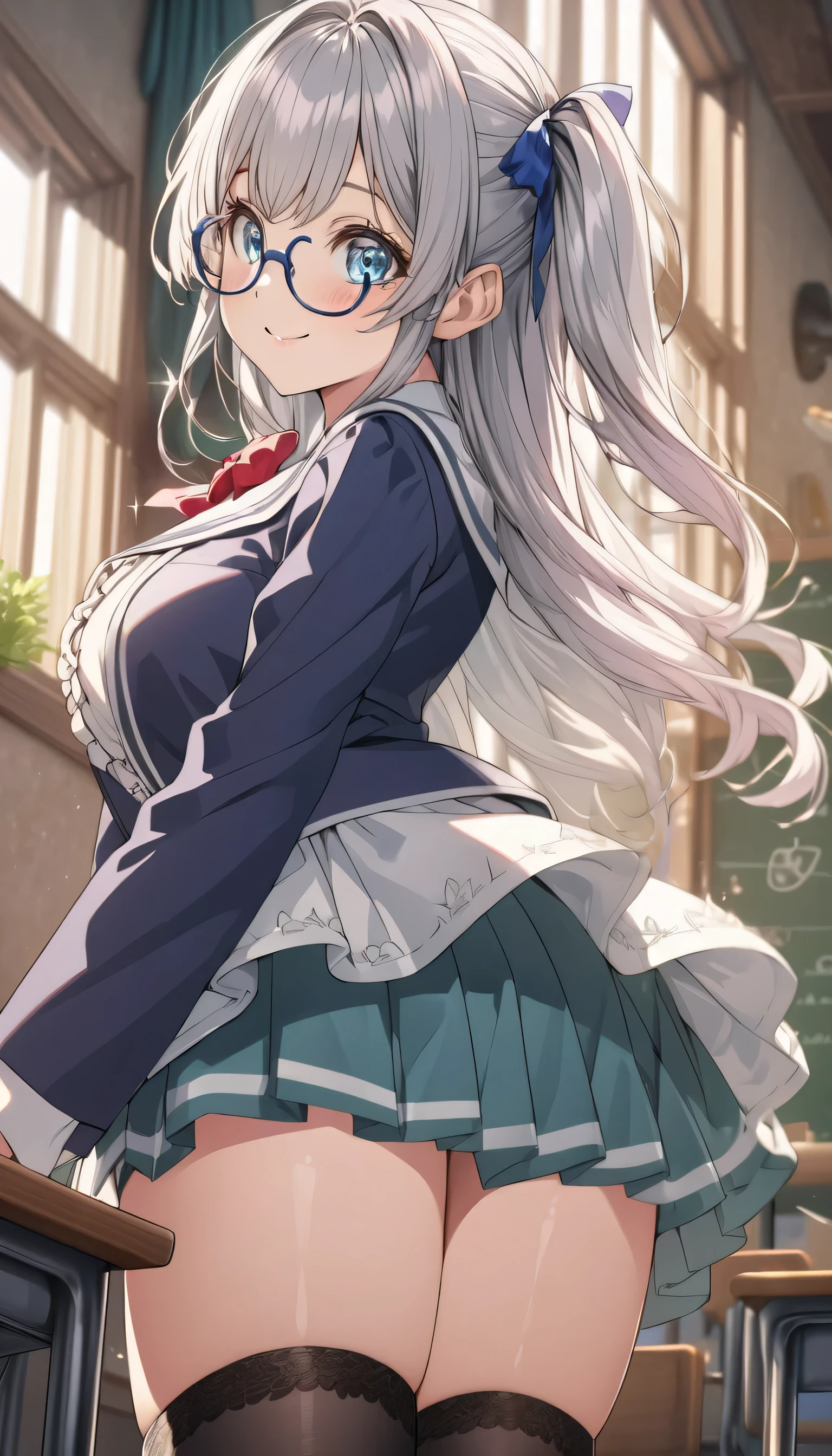 ((ultra-detailed)), (highly detailed CG illustration), (best quality:1.2), ultra-highly detailed, colorful composition, artistic photoshoot, 1girl, solo focus, ((thigh to top:1.4)), ((cowboy shot:1.4)), moe anime character, girl, dainty facial structure, (bab(round face), ((rounded chin:1.2)), ((ideal ratio body proportions)), celia-default, celia claire, (blue eyes), sparkle eyes, ((wearing glasses with a frameless:1.4)), silver hair color, two side up, (deep royal blue and white strips hair ribbon), ample breasts, school uniform, dark blue blazer, modern style with fitted jacket, red neck bow, long sleeves white frilled shirt, dark blue pleated skirt, black high socks, white lace panties, dynamic pose, low angle, ((from behind:1.4)), ((looking back:1.4)), ((looking up:1.4)), ((standing in school classroom near the window)), expecting, pink cheek, blush, light pink gloss slip, portrait, depth of field, soft lighting, sidelighting, (shine), lighting, caustics, ray tracing, smile, perfect face, lustrous skin, highly detailed face, highly detailed eyes, perfect face, perfect nose, perfect hair, perfect eyes, perfect anatomy, beautiful hair, beautiful small face, extremely detailed face, beautiful detailed eyes, beautiful clavicle, beautiful body, beautiful huge breasts, leavage, breasts squeezed together, equalize the size of the left and right breasts, beautiful thin thighs, beautiful legs, beautiful fingers, 4 fingers, 1 thumb, lovely, (very detailed background:1.0), (highly detailed background:1.0), spring aesthetic, intricate details, joyful atmosphere, spring colors palette, chromatic aberration
