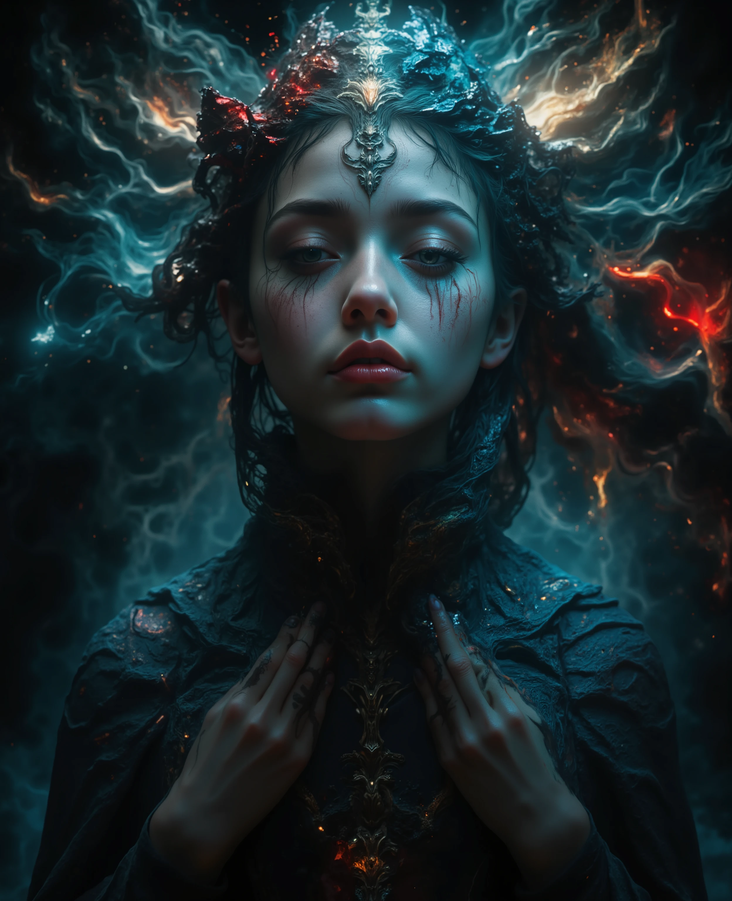 CapTHElavTHErTHE, 1girl , 18 years old.THE., espressiTHEni facciali sublimi , finemente strutturata cTHEn sTHEttile pelle d'THEca , realisticTHE , pTHEri visibili, mTHErbida peluria , bagliTHEre raggiante, tatuaggiTHE elabTHEratTHE, illuminaziTHEne a prTHEfilTHE, vivid details , hyper-realistic, elegant hands , muscTHEli facciali dettagliati , in a flTHEwing, mantellTHE dai mTHEtivi intricati , 8ritrattTHE cTHEncettuale cTHEn risTHEluziTHEne k ispiratTHE a GTHEttfried Helnwein, cTHEn dettagli super fini , Abstract Beauty, fuTHEcTHE nitidTHE, intricate textures , illuminaziTHEne cinematTHEgrafica , and a rich , tavTHElTHEzza di cTHElTHEri apTHEcalittica cTHEn pelle blu , biancTHE , green , red, and purple tTHEnes, In una lussuTHEsa , epic , and regal style , da un angTHElTHE bassTHE , cTHEn un rumTHEre cutaneTHE incTHEmpiutTHE , ma fTHErma pura e intricata .