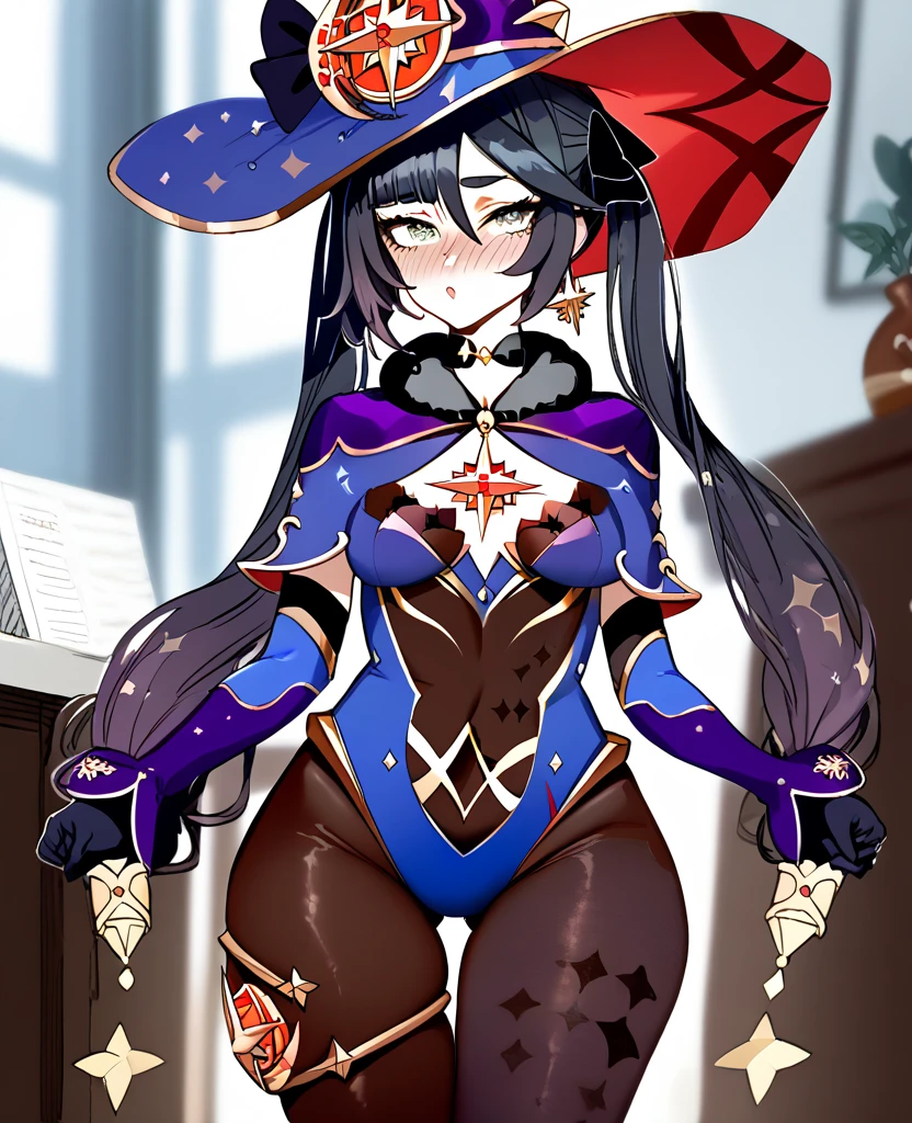 score_9, score_8_superior, score_7_superior, score_6_superior, score_5_superior, score_4_superior BREAK source_anime, One girl, alone, Mona XL, Long black hair, Green Eyes, tsurime, Twin tails, Medium chest, Witch Hat, Body stockings, leotard, Elbow hand pockets, fur-trimmed capelet, Footjob, Completely naked, excessive cum,Pussy juice, puffy nipple