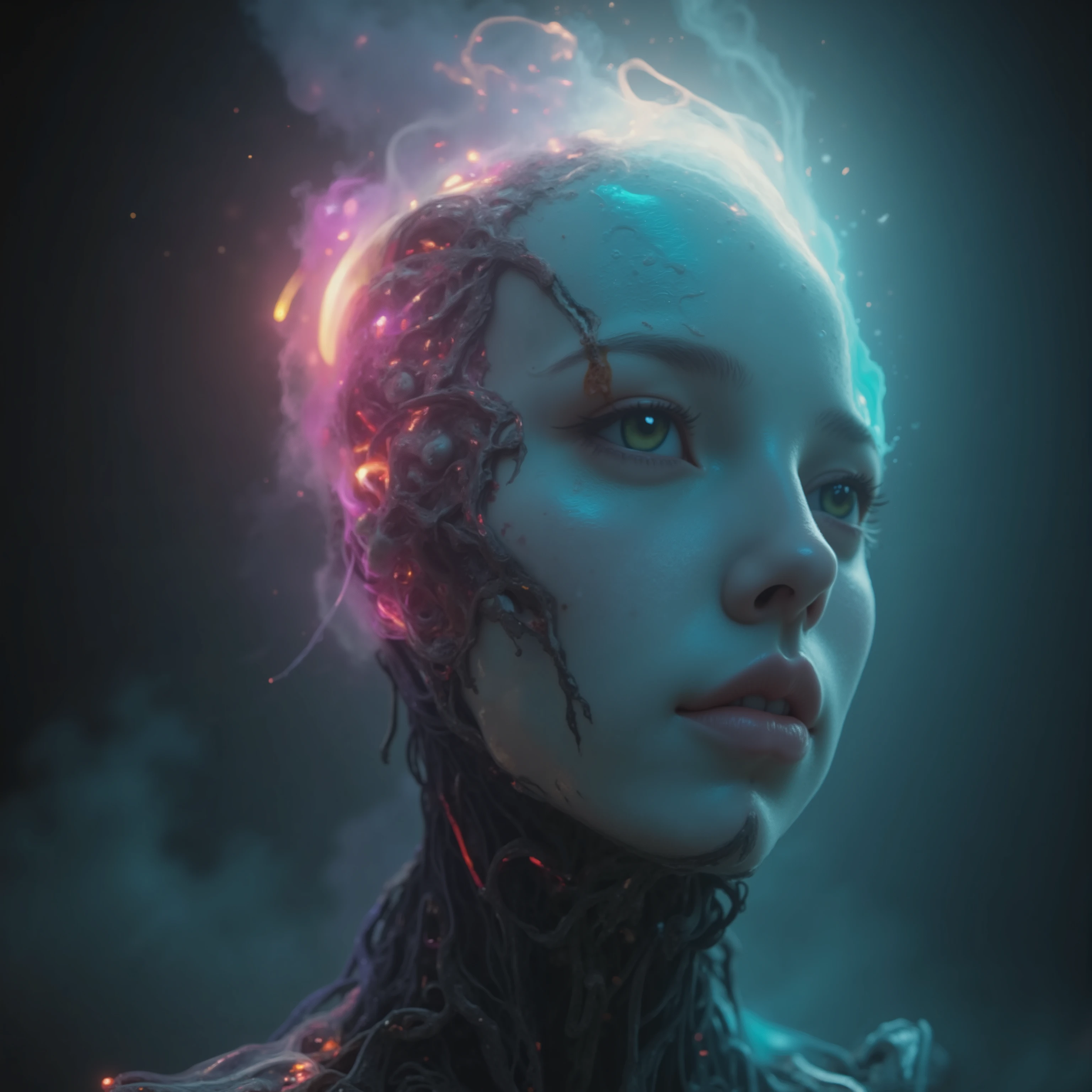 a strange and bright robot, multicolored magic dust spraying, intricate mechanical details, glossy metallic surfaces, glowing neon-like effects, surreal sci-fi atmosphere, vibrant chromatic palette, dramatic chiaroscuro lighting, figura intera, cinematic camera angle, highly detailed 3D rendering, masterpiece, best quality, 8k, realistic, photo-realistic