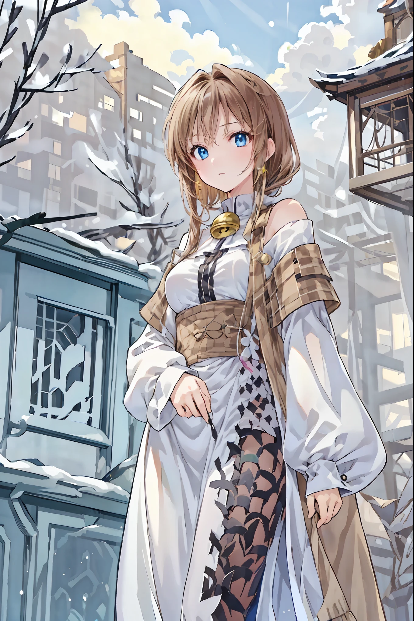 (( Masterpiece)), (Anime:1.5), (( highest quality)), ( RAW Photo :1.2), ( Hi-Res:1.3), ( Professional Photoshoot:1.2), ( Color Difference), one girl, (()), (Serious), ( beautiful brown eyes :1.3), viewers, Plain Shirt, O-ring, shoulder jacket , medium hair , ( put your hands in your pants ), ((Take off your work pants)), 明るい brown hair, ( small breasts), Cute waist, Outdoors, ((Top of the big bell tower)), brown hair, shortcuts, hair is disheveled, short braided hair, Neat , slender beauty ,Dignified posture, small breasts, beautiful legs, Her enchanting gray-blue eyes sparkle like stars., vibrant colors, beautiful eyes,A delicate smile, textured skin, highest qualityのものが最高, gentle and beautiful woman ,Anime風、