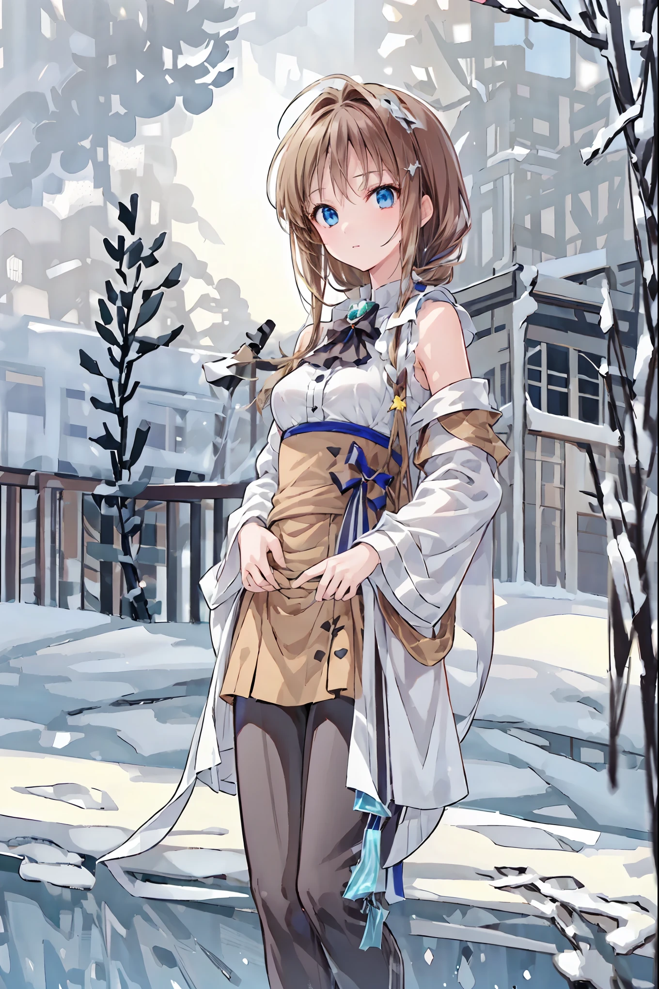 (( Masterpiece)), (Anime:1.5), (( highest quality)), ( RAW Photo :1.2), ( Hi-Res:1.3), ( Professional Photoshoot:1.2), ( Color Difference), one girl, (()), (Serious), ( beautiful brown eyes :1.3), viewers, Plain Shirt, O-ring, shoulder jacket , medium hair , ( put your hands in your pants ), ((Take off your work pants)), 明るい brown hair, ( small breasts), Cute waist, Outdoors, ((Top of the big bell tower)), brown hair, shortcuts, hair is disheveled, short braided hair, Neat , slender beauty ,Dignified posture, small breasts, beautiful legs, Her enchanting gray-blue eyes sparkle like stars., vibrant colors, beautiful eyes,A delicate smile, textured skin, highest qualityのものが最高, gentle and beautiful woman ,Anime風、