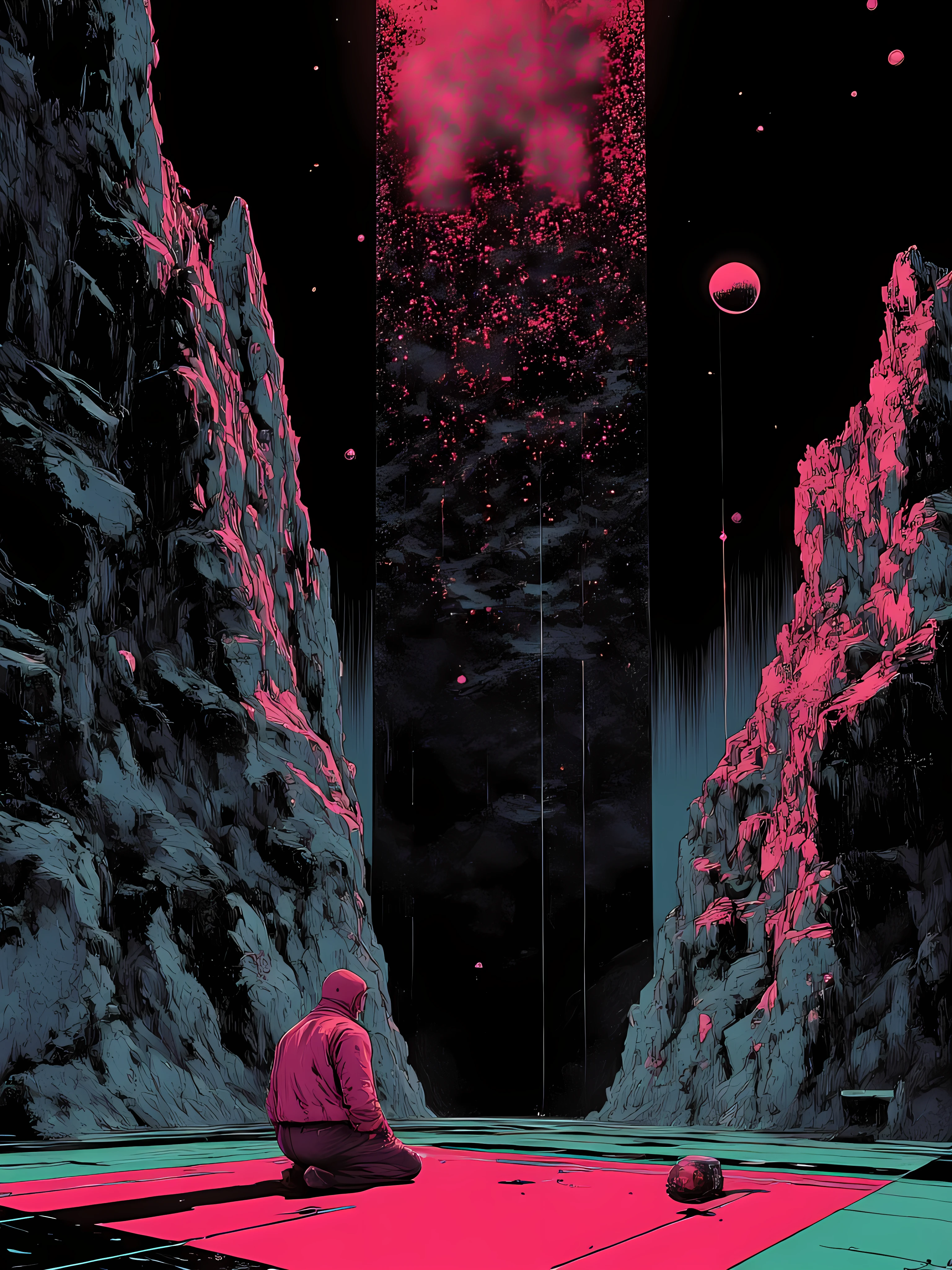 Sci-fi art of a floating cliff on dark gray blue, ancient sci-fi, helmet layed down on the floor, long shadows projected and a lone figure, gigantic ruins artifact, glimmering sky of red particles on completely black sky, geometric shapes, huge spider net, network, tech, iconic edge game, tetris game, dark pink and dark green little details, ultra low angle view toe to head, parallel, simetry.