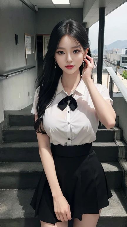(Raw photography、beste Quality)、(Realstic、photorealestic:1.2)、Close-up portrait photography、a 1 girl、Rooftop café in a shopping mall、out door、Cool face、(high-detail skin:1.4)、Gorgeous hair、Air bangs、Brown black hair、White sheer shirt and bow tie、bright red pleated skirt、Soft lighting、hig quality、((massive underboob))
