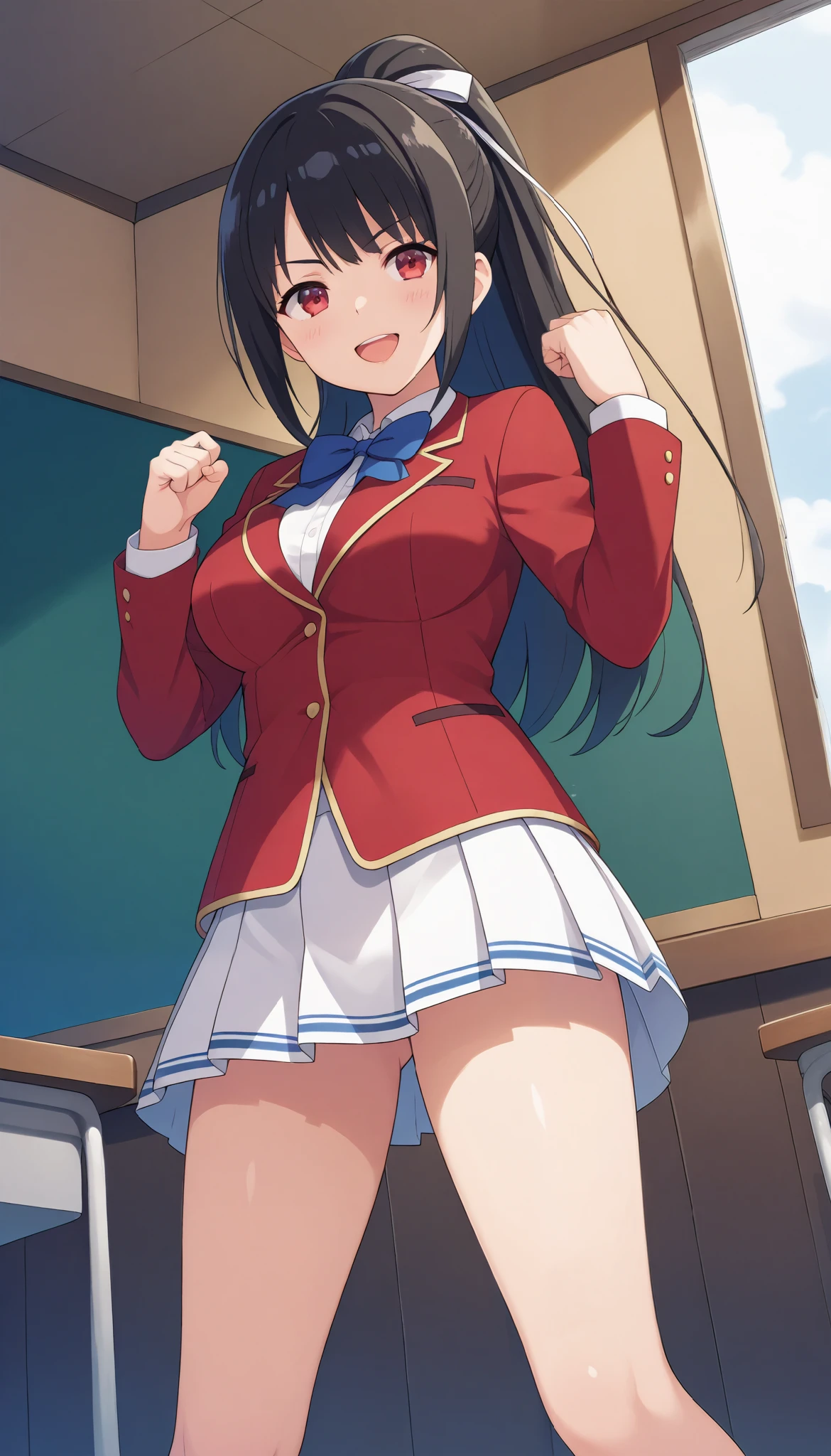score_9, score_8_up, score_7_up, score_6_up, score_5_up, score_4_up, rating_questionable, , source_anime, digital illustration, pixiv, fanbox, uncensored, , BREAK, official art,
1girl, solo, female,Sae Chabashira, black hair, ponytail hair, red eyes, hair ribbon,
school unifrom, red jacket, blue bowtie, white skirt, pleated skirt, standing ,raise up fist, smile,,glossy lips, in school , open mouth, from below, cowboy shot,