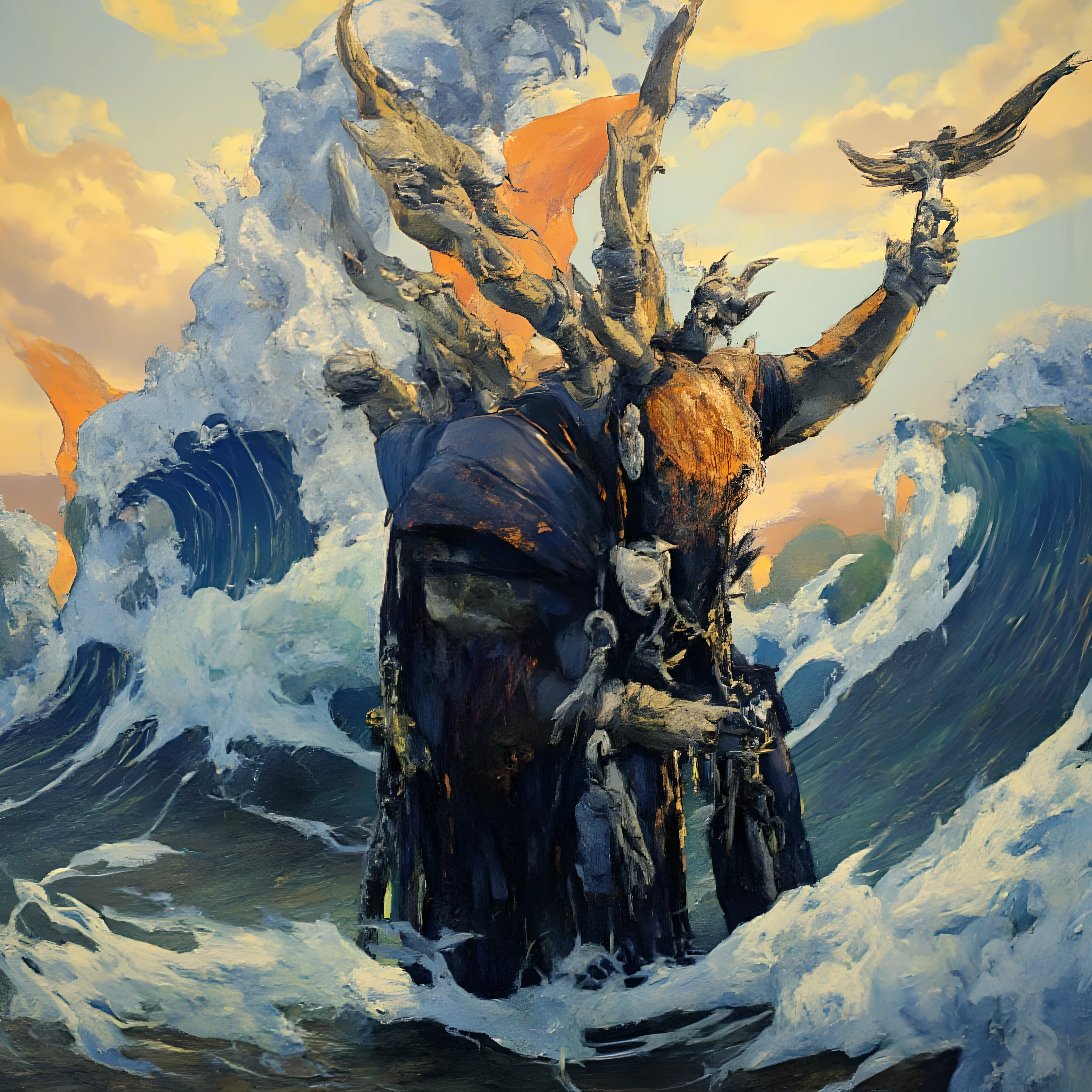 lone orange hair on long spread dark blue robe girl, eagle aside her, on illustration line art medium, painting finishings half painted and watercolor, artistic abstract waves shapes and stripes, arrangements of waves, blue, dark blue and golden yellow painting