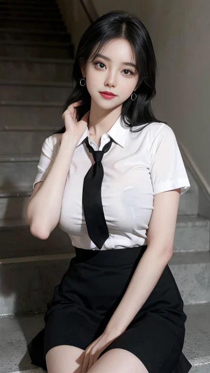 Korean school uniform,Summer uniform shirt,Ribbon Ties,a skirt,School Classroom,school stairs,Chest thrust pose,Breast display posture,8K RAW photos,A high resolution,16-year-old cool Korean,very large round breasts,beautiful eyes in detail,long eyelasher,beautiful double eyelid,eye shadows,eyes liner,Cut eyes,Elongated eye shape,Sanpaku eyes,evilsmile,Evil expression, Beautiful very thin legs,Beautiful very thin thighs,Random short hair,Hair tied behind the head,耳Nipple Ring,(Messy long hair),With gray eyes(with black curled hair)