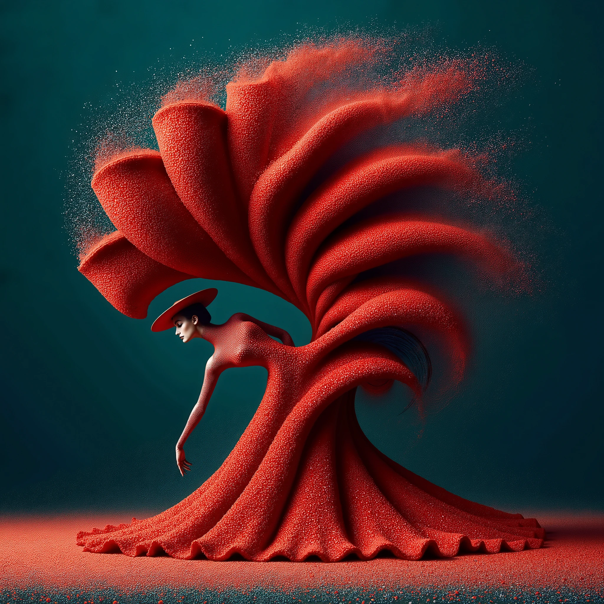 surrealist, photo manipulation, a long and wide red cloth made from small flower beads, the cloth is wrapped around and covers the body of a flamenco woman like a beautiful luxurious dress, wearing a wide hat, she poses in a strange unique dynamic pose with a flexible body, the ends of the cloth fly in a unique upward curve that is wide and long in tiers, making beautiful upward turns and the powder grains spread out in flight, epic, art of beyond reason, dark teal background
