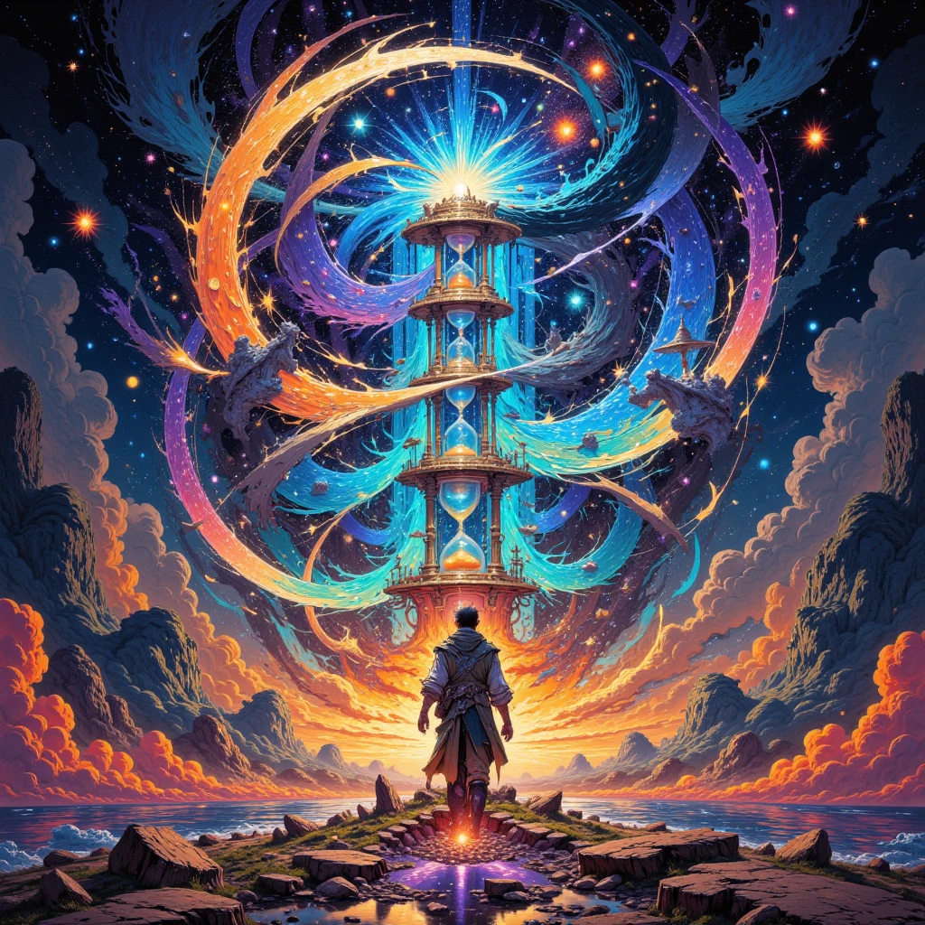 masterpiece,  high quality , A time traveler with bands of light rotating around his body, each representing different eras, casting changing shadows of various ancient and futuristic architectures on it, A small space filled with stars as if it contained entire galaxies, holds a spinning hourglass, background, an abstract vortex of time and space, time fusion, cosmic hourglass, temporal glow, stylized anime with intricate time effects and cosmic motifs, rendered in fine detail,  extremely detailed ,  intricate details ,  Fine Details ,  Best Quality ,  High resolution ,