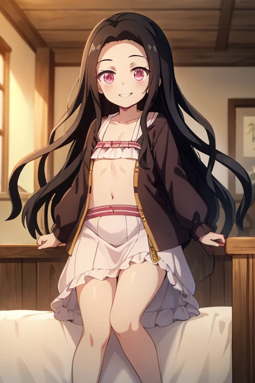 naked, cat girl, flat chested, , smiling, shy, embarrassed, outside, tail, peeing