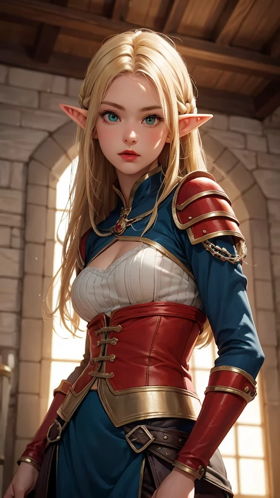(Sexy:1.5) 1 adult girl elf archer, with long hair, dressed in medieval clothing, excited state, slightly open mouth, slight smile, fighting erotic pose in the middle of a room with medieval interiors and decor, looking at the viewer. soft light, Overall detail: 1.5