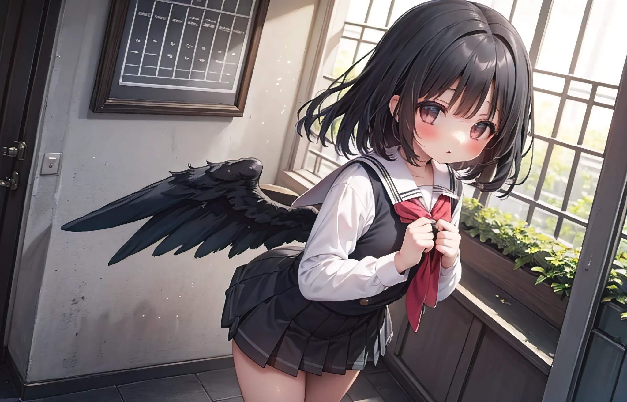 ( masterpiece) cute girl with straight black hair in school uniform with black wings walking to school