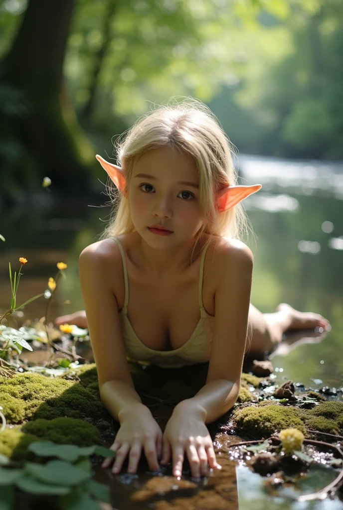 best quality,ultra high res,girl,ultra detailed,best skin quality,beautiful detailed girl,ultra high res,(skinny and fit body:1.4),(long white hair),realistic,Sunlight,masterpiece,illustration,(realistic, photo-realistic:1.37),younger,prefect eyes,(smiling:1.3),shy,same eyes,upturned lips,in forest,(((elf))),shining materials,wet skin,sweaty skin,(Leaning forward:1.4),ultra realistic nipple,sharp focus,((flower crown)),(leaf green Lace corset),leaf green Lace skirt,leaf green cloak,on the water