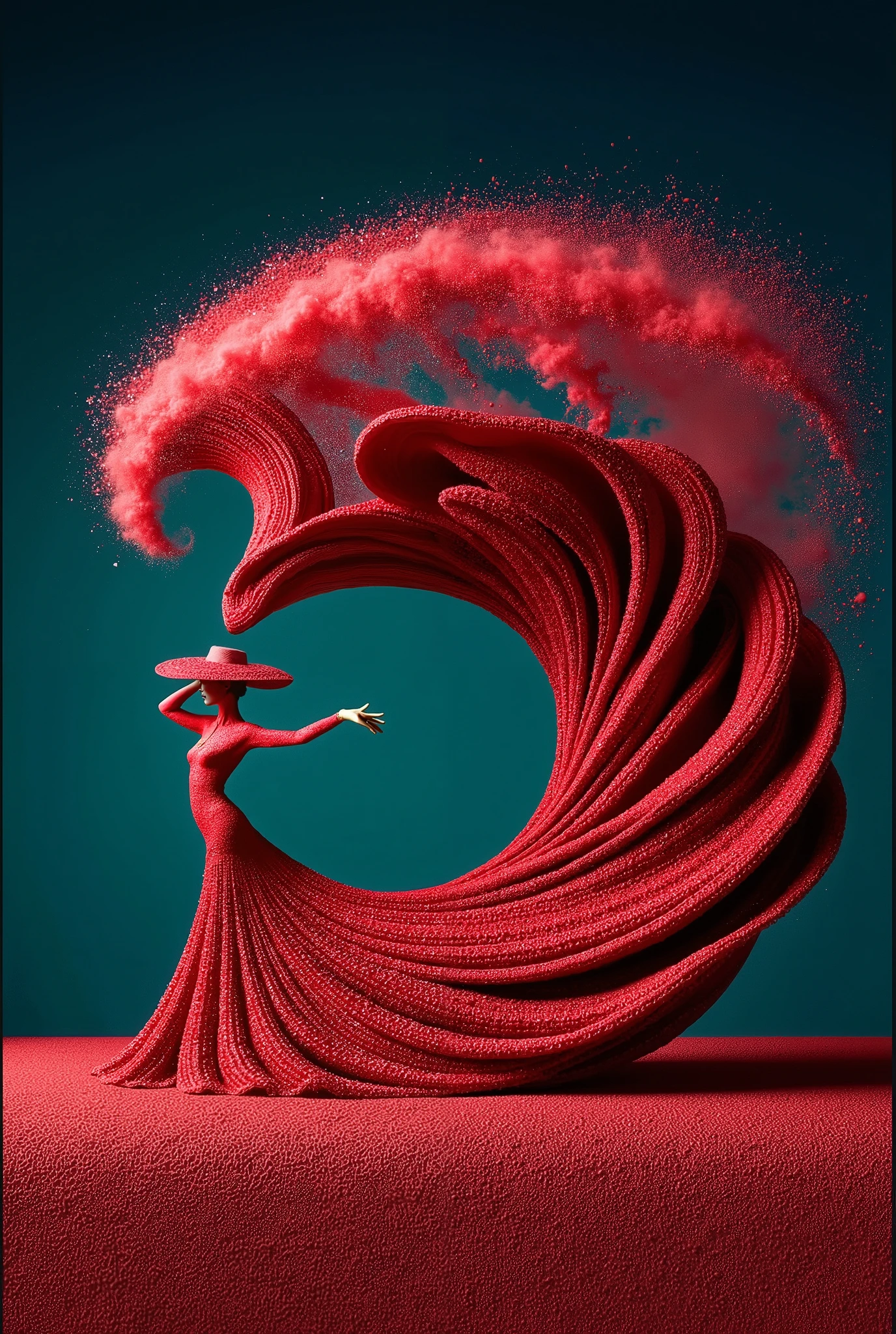 surrealist, photo manipulation, a long and wide red cloth made from small flower beads, the cloth is wrapped around and covers the body of a flamenco woman like a beautiful luxurious dress, wearing a wide hat, she poses in a strange unique dynamic pose with a flexible body, the ends of the cloth fly in a unique upward curve that is wide and long in tiers, making beautiful upward turns and the powder grains spread out in flight, epic, art of beyond reason, dark teal background