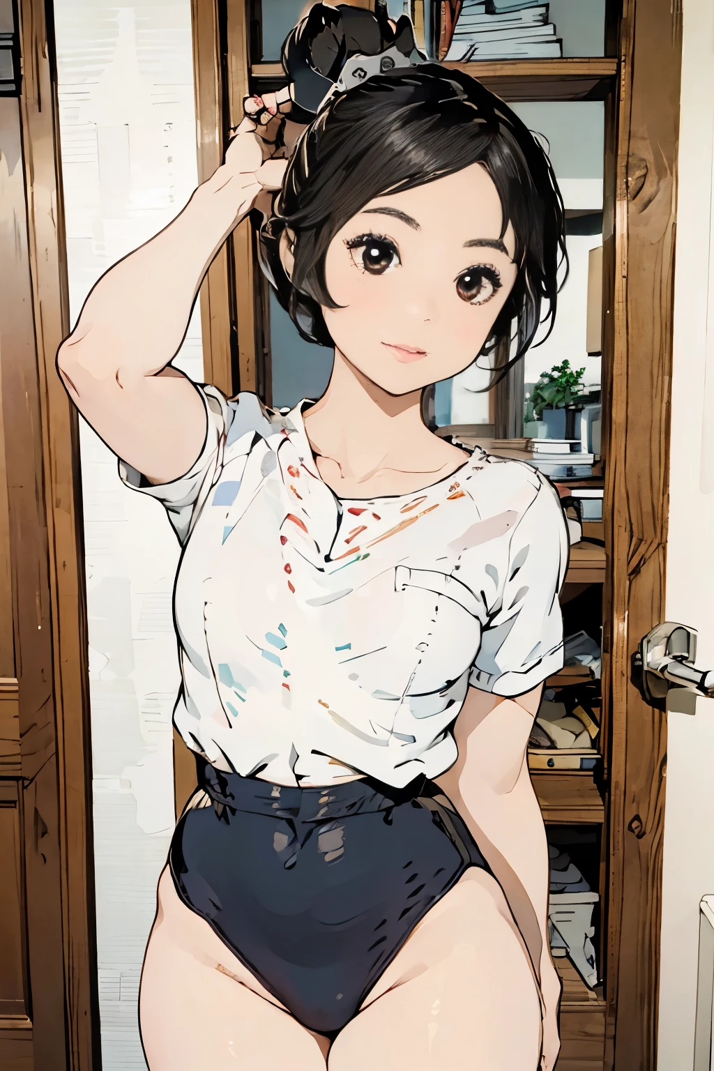 (masterpiece, highest quality), 1 girl, beautiful face, beautiful body, wearing a Black gymnastics bloomers, High leg、white blouse, cowboy shot、Are standing、full body portrait、alone, complex details, enlarged textures, complex details, finely detailed eyes and detailed face, intricate details, (closed mouth), perfect eyes, equal eyes, perfect body, extremely detailed, (), extremely realistic 3d,In a dark forest、 black hair ponytail
