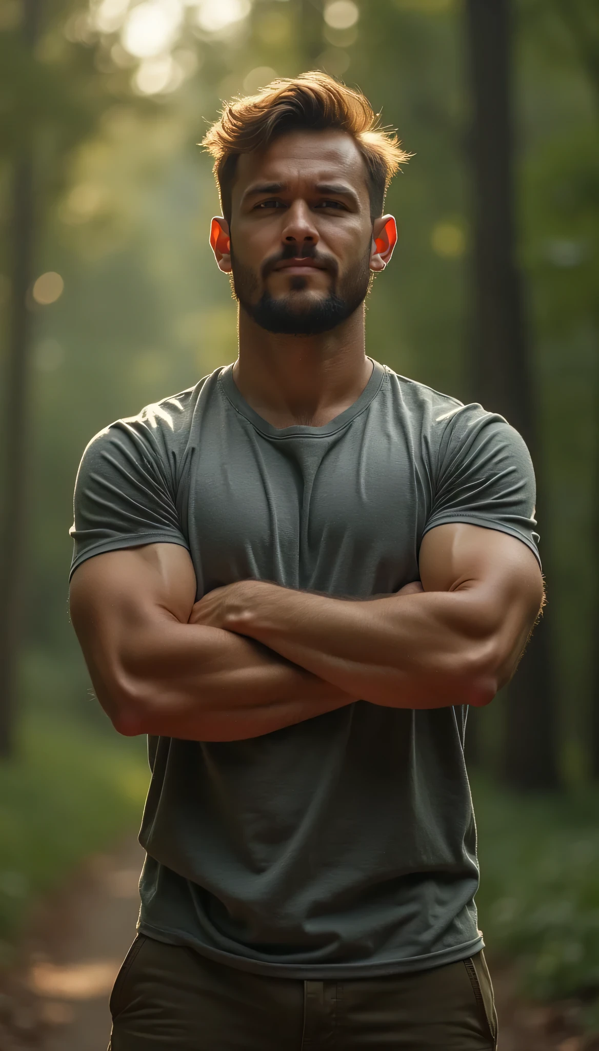 Make a young Germanic Man, his name is Jhonata he is 32 years old and 2,10 tall, Its appearance is robust and slightly handsome, His physique is athletic, He is a little stressed but he manages to get a good laugh out of his friends, he is in an open field with cloudy weather and no rain with a slight smile on his face, make image photo realistic.