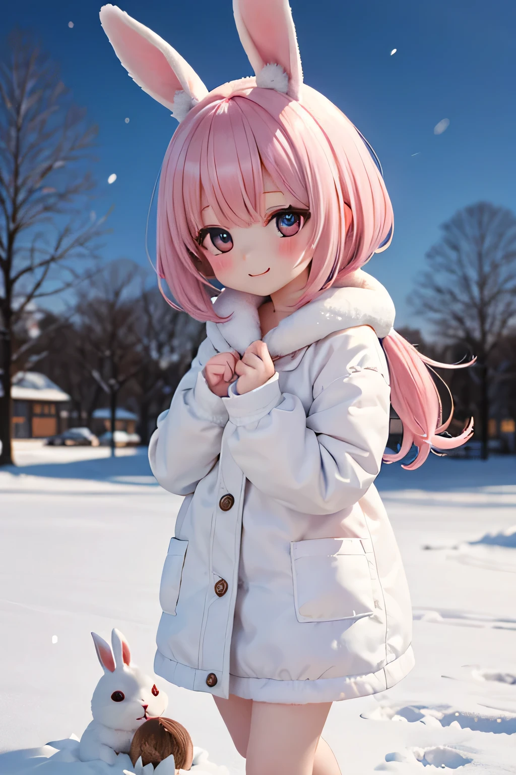 top quality、 Hi-Res、( high image quality:1.2)、 Masterpiece、 detailed background on a futon、age beauty、( very detailed face:1.2)、 detailed expressions 、( Details:1.2)、 anatomically correct、(Normal number of fingers:1.2)、Bright-colored hair、Braided bob cut、A quiet winter afternoon 、 in the snow falling and piling up 、 the girl held a tight grip on the muffler 、 just like snow As if a rabbit had answered 、
Big snowball 、 the little snowball 、Then... 「 let's wear rabbit ears too !」、 gently shapes while rolling pure white snow {x} When the snow rabbit daruma was completed, the girl took a red nut out of her pocket and gently pushed it into her eye、 smiles satisfactorily 、 gently run over the snow 、
the held tight with both hands Gently scoop up snow 、 the gentle wind blew 、 she was quietly staring behind it 、 running lightly over the snow 、 the snow bunny daruma 、 gently bring her face close to the snow bunny 、 cute