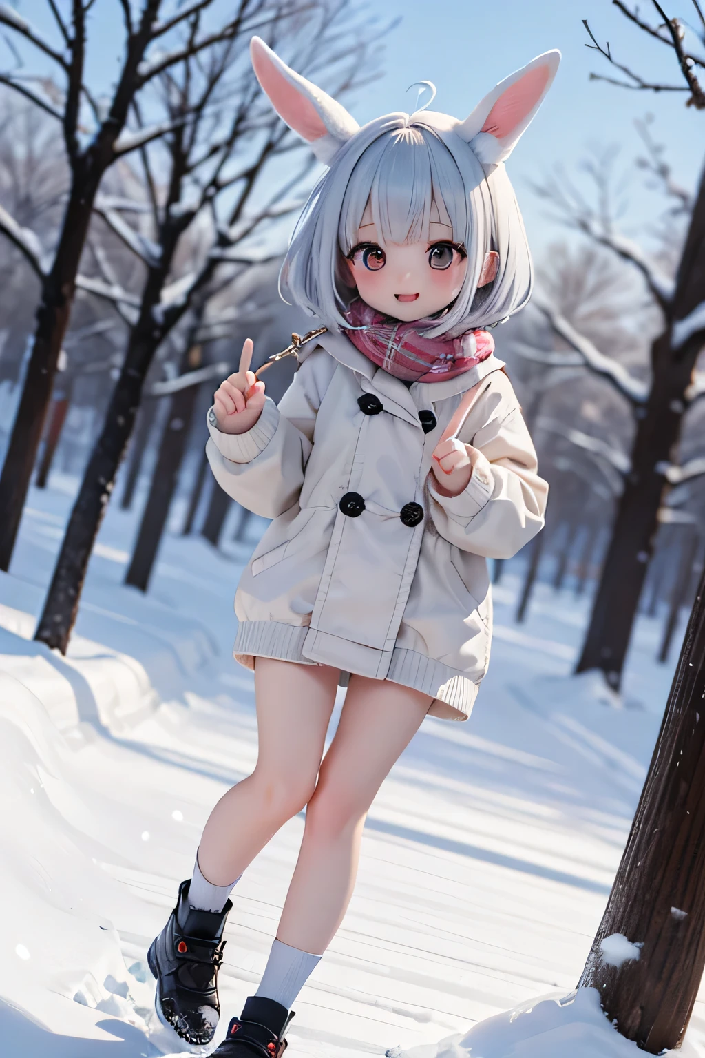  top quality、 Hi-Res、( high image quality:1.2)、 Masterpiece、 detailed background on a futon、age beauty、( very detailed face:1.2)、 detailed expressions 、( Details:1.2)、 anatomically correct、(Normal number of fingers:1.2)、Bright-colored hair、Braided bob cut、A quiet winter afternoon 、 in the snow falling and piling up 、 the girl held a tight grip on the muffler 、 just like snow As if a rabbit had answered 、
Big snowball 、 the little snowball 、Then... 「 let's wear rabbit ears too ！」、 gently shapes while rolling pure white snow {x} When the snow rabbit daruma was completed, the girl took a red nut out of her pocket and gently pushed it into her eye、 smiles satisfactorily 、 gently run over the snow 、
 the  held tight with both hands Gently scoop up snow 、 the gentle wind blew 、 she was quietly staring behind it 、 running lightly over the snow 、 the snow bunny daruma 、 gently bring her face close to the snow bunny 、 cute
