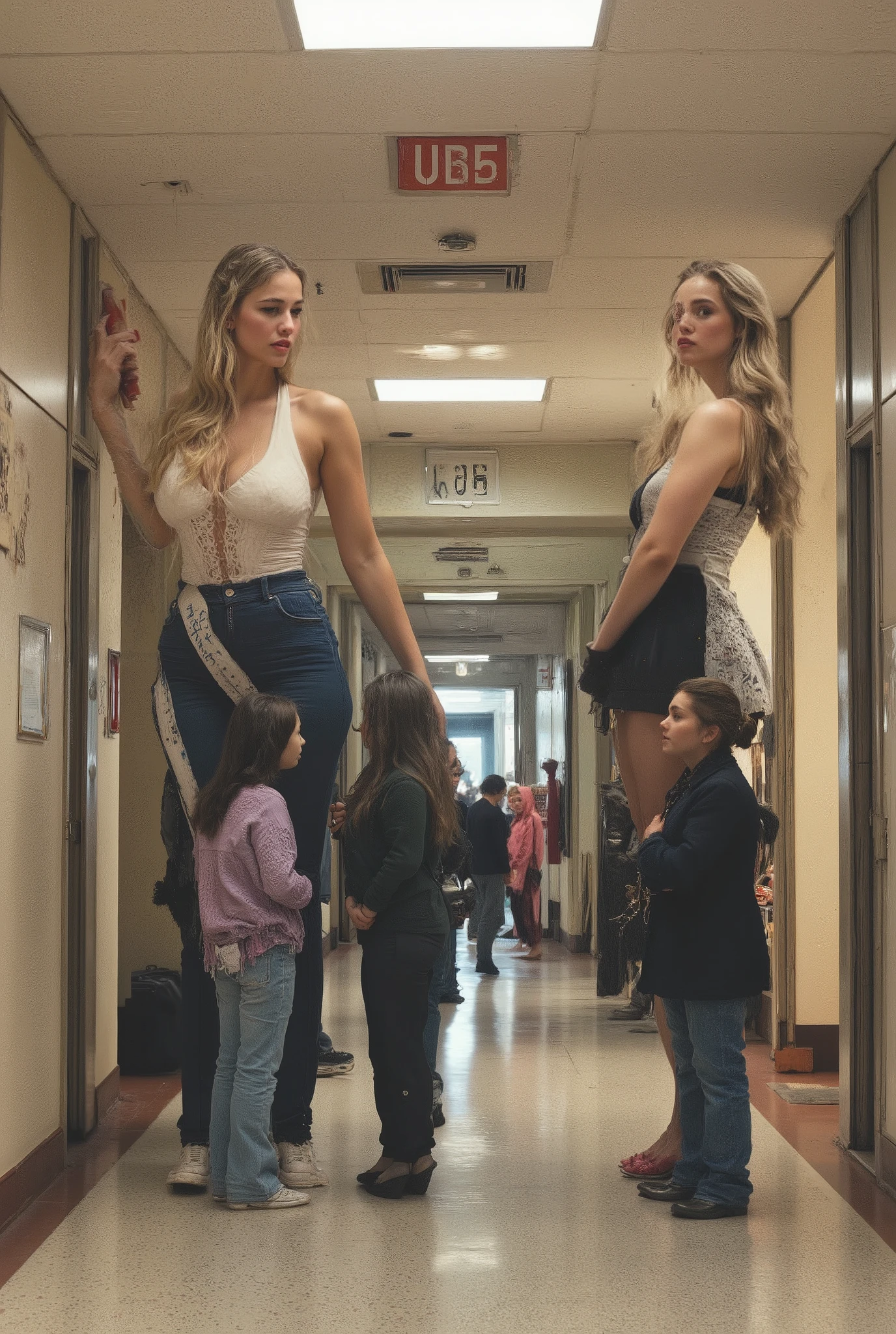 Create an image of three extremely tall girls standing in a school hallway. They tower over the other students, who are much smaller in comparison. The tall girls are wearing various outfits, adding a touch of individuality and style to the scene. The smaller students around them are dressed in typical school attire, and they look up at the tall girls with a mix of curiosity, admiration, and awe. The hallway is bustling with activity, with lockers, posters, and other school decorations visible in the background. The overall atmosphere is one of surprise and intrigue, with the tall girls' striking presence adding a memorable and captivating element to the image.