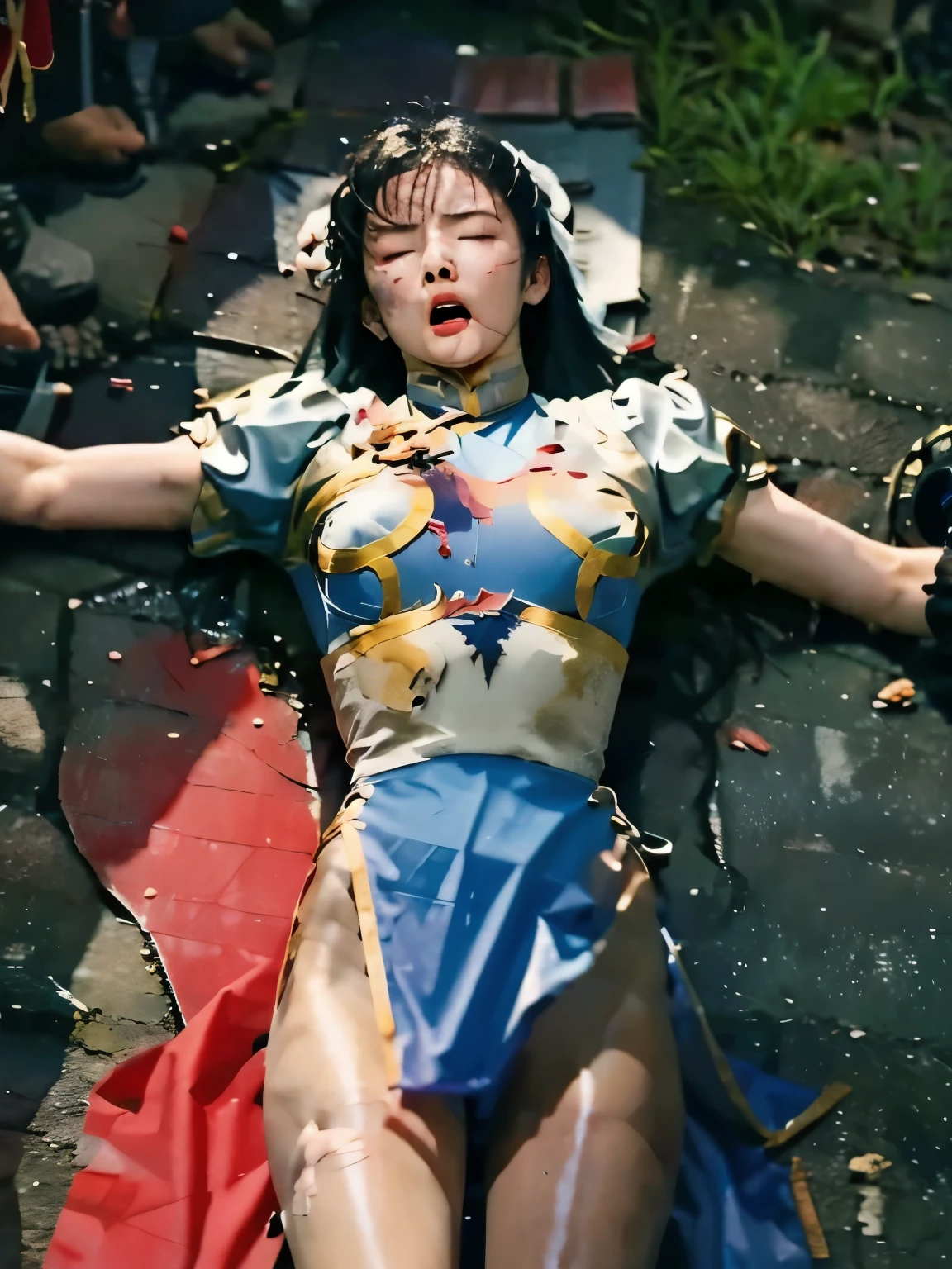  Lost in Battle with Strong Enemies ,  I'm lying on my back on the ground ,  expression of agony, photo realisitic, Shot on Canon EOS,  high image quality,  sluggish,  eyes closed, is, Unconscious